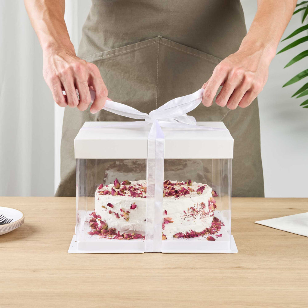 Sweet Vision Square Clear Plastic Cake Box - White Lid and White Base, Gray Ribbon - 8 1/2" x 8 1/2" x 6 3/4" - 10 count box