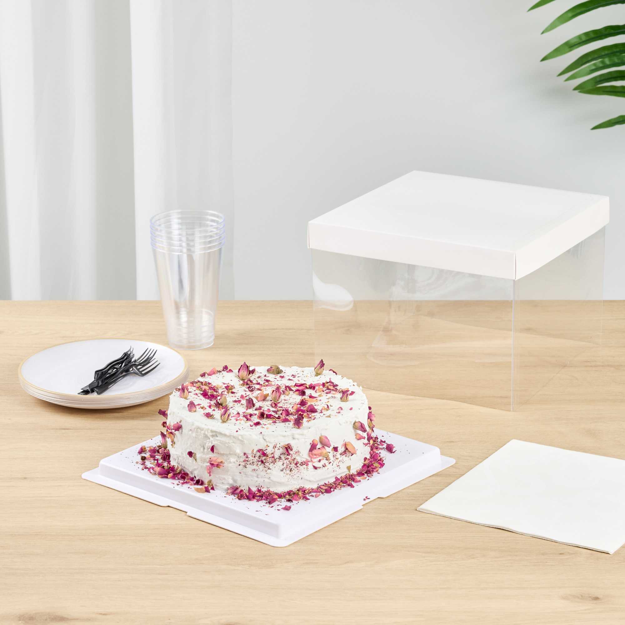 Sweet Vision Square Clear Plastic Cake Box - White Lid and White Base, Gray Ribbon - 8 1/2" x 8 1/2" x 6 3/4" - 10 count box