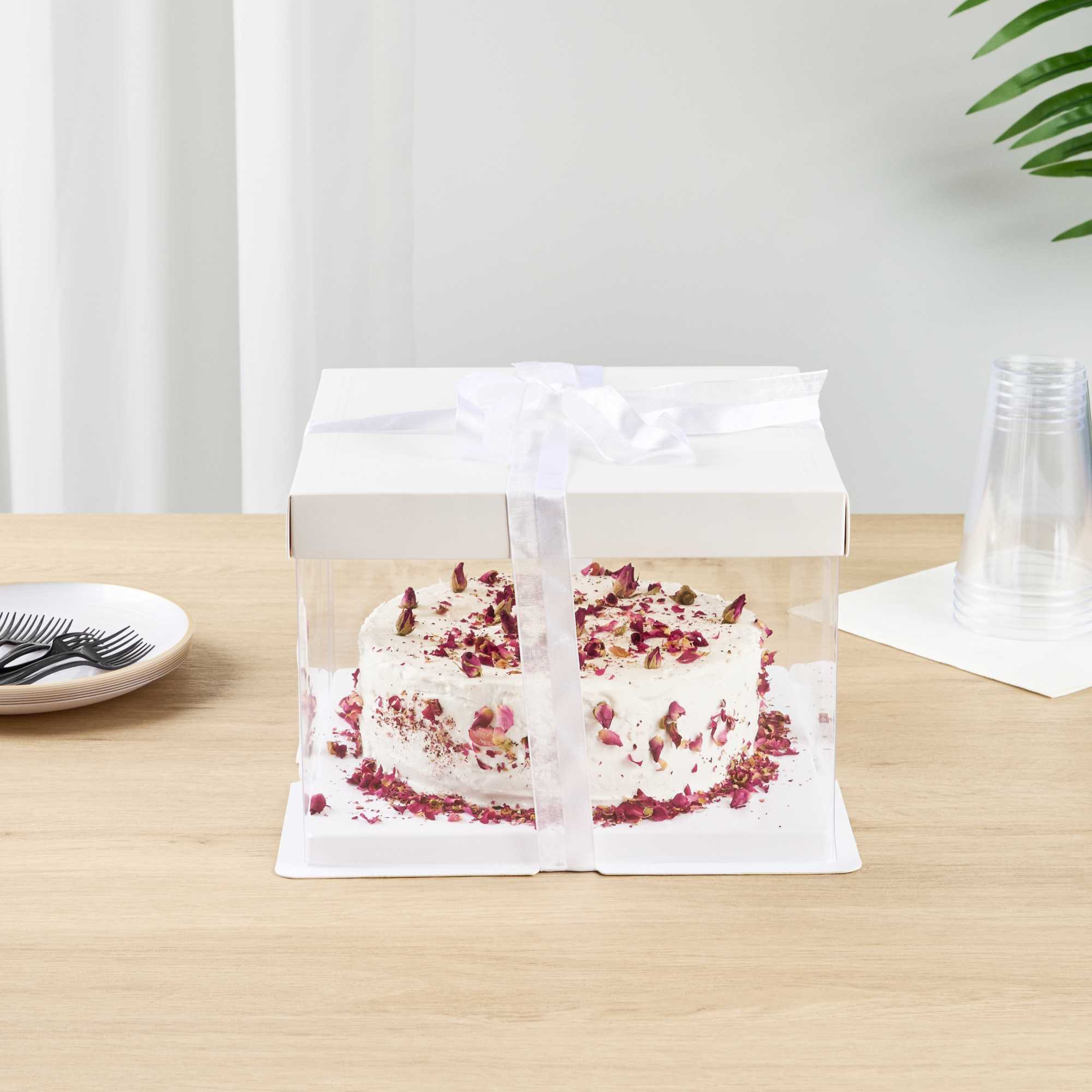 Sweet Vision Square Clear Plastic Cake Box - White Lid and White Base, Gray Ribbon - 8 1/2" x 8 1/2" x 6 3/4" - 10 count box