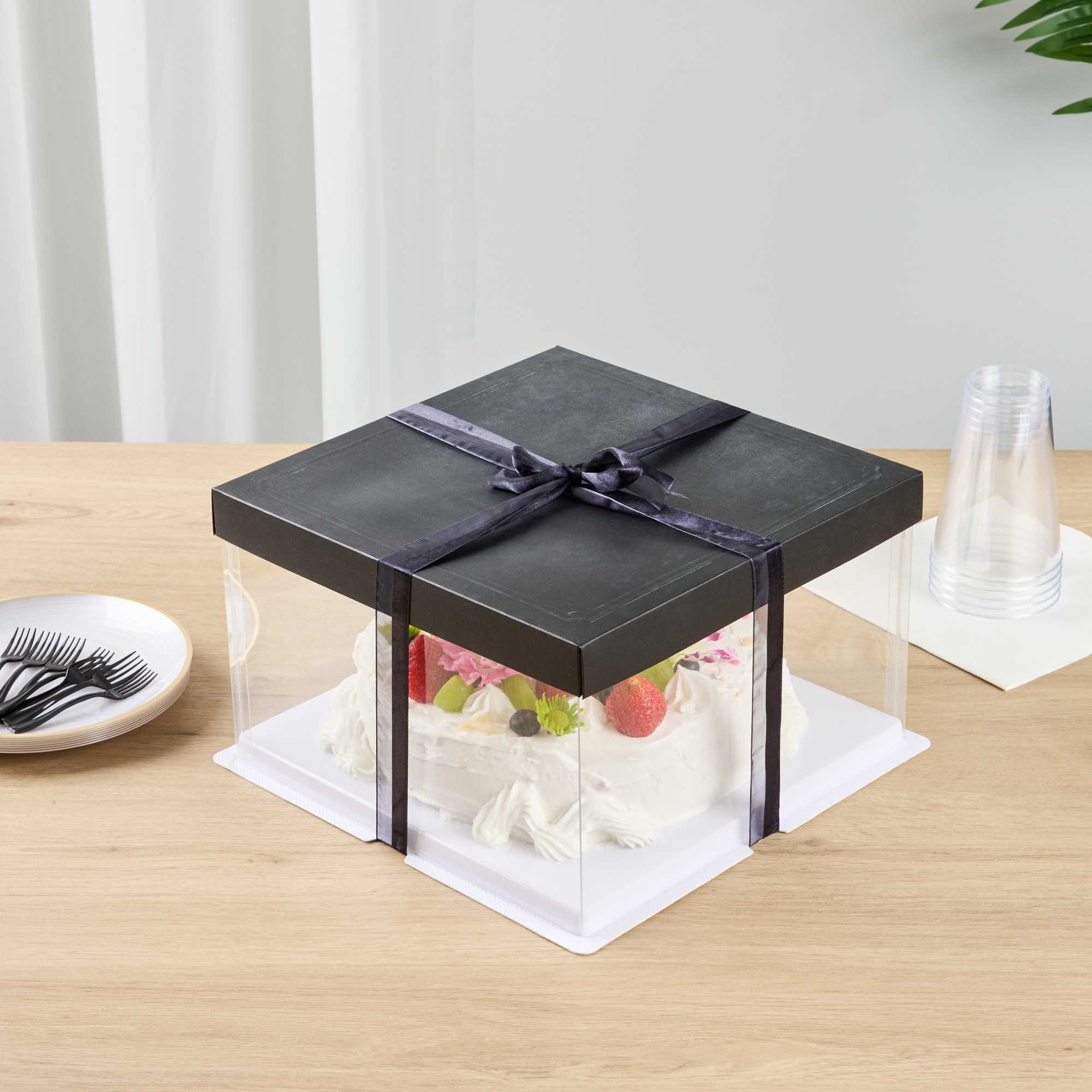 Sweet Vision Square Clear Plastic Cake Box - Black Lid and White Base, Black Ribbon - 10" x 10" x 8 1/4" - 10 count box
