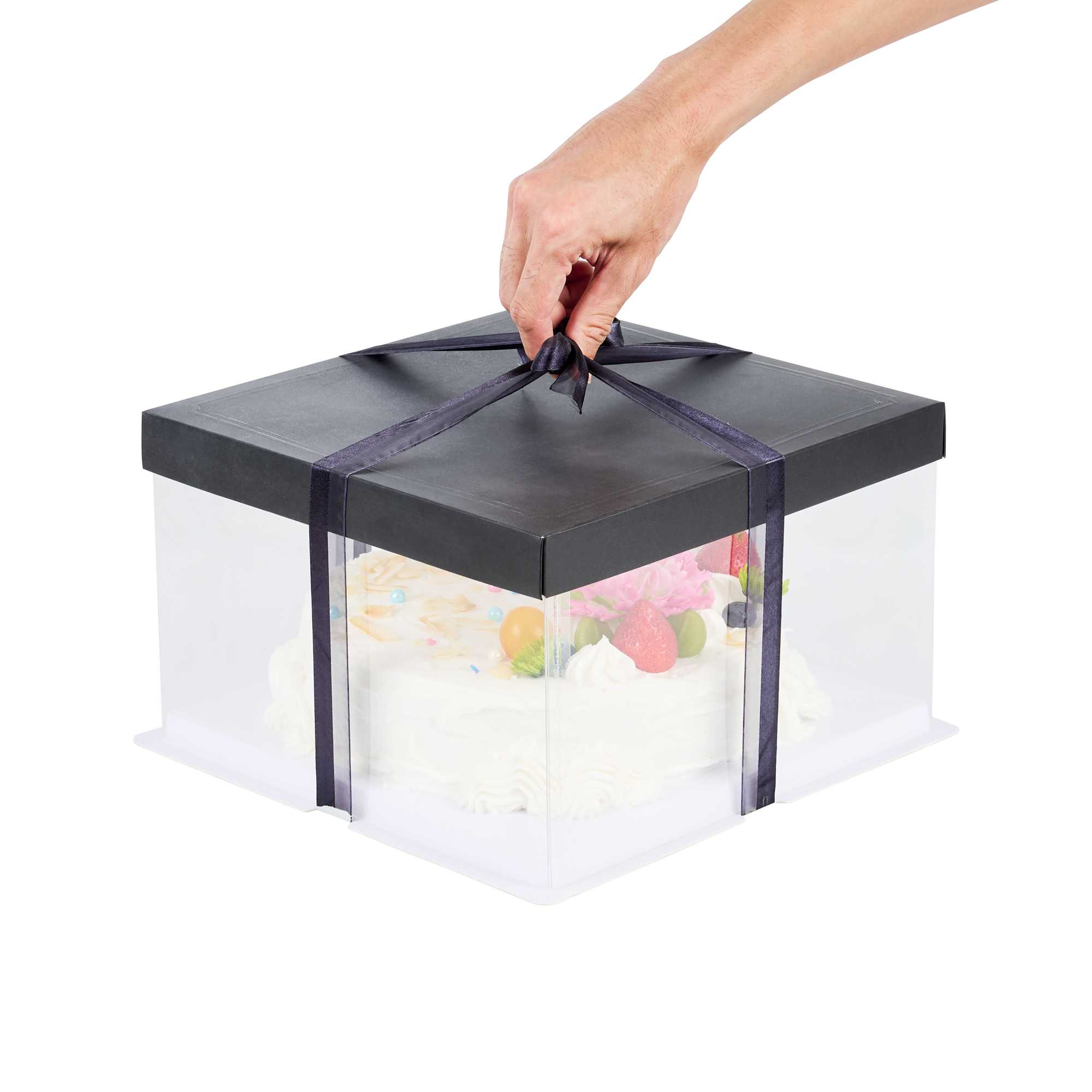 Sweet Vision Square Clear Plastic Cake Box - Black Lid and White Base, Black Ribbon - 10" x 10" x 8 1/4" - 10 count box