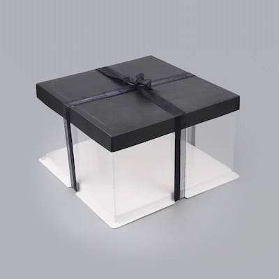 Sweet Vision Square Clear Plastic Cake Box - Black Lid and White Base, Black Ribbon - 10" x 10" x 8 1/4" - 10 count box