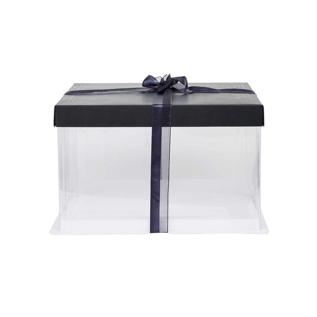 Sweet Vision Square Clear Plastic Cake Box - Black Lid and White Base, Black Ribbon - 10" x 10" x 8 1/4" - 10 count box
