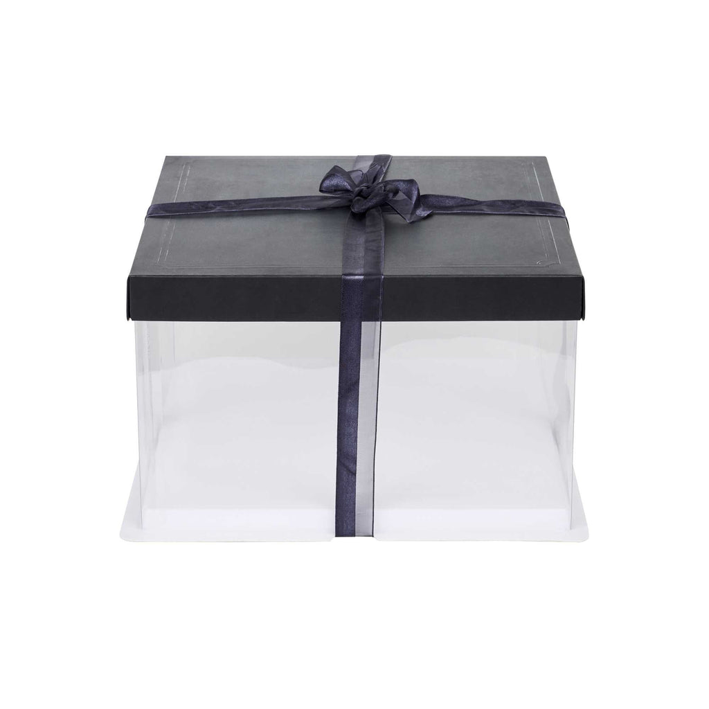 Sweet Vision Square Clear Plastic Cake Box - Black Lid and White Base, Black Ribbon - 10" x 10" x 8 1/4" - 10 count box