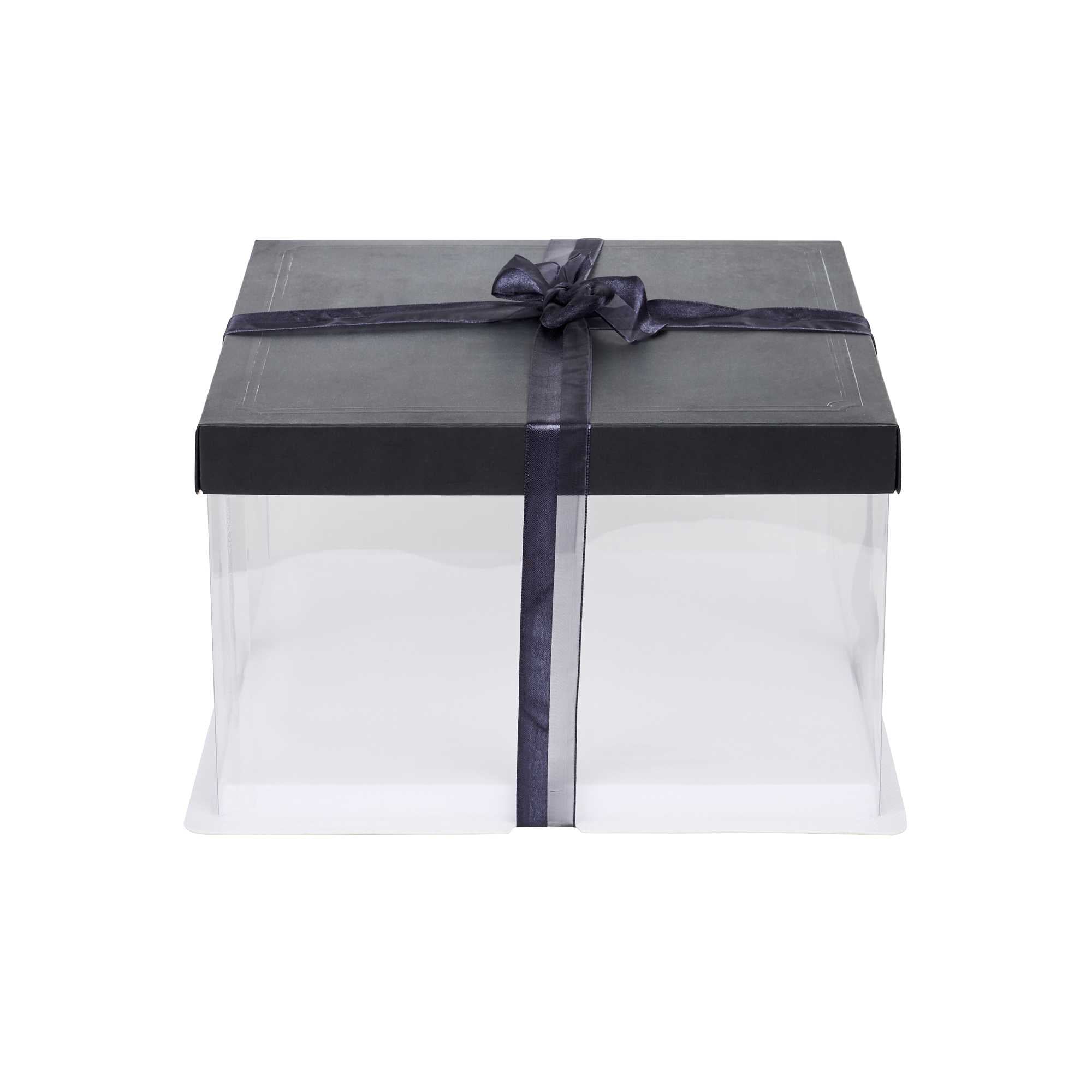 Sweet Vision Square Clear Plastic Cake Box - Black Lid and White Base, Black Ribbon - 10" x 10" x 8 1/4" - 10 count box