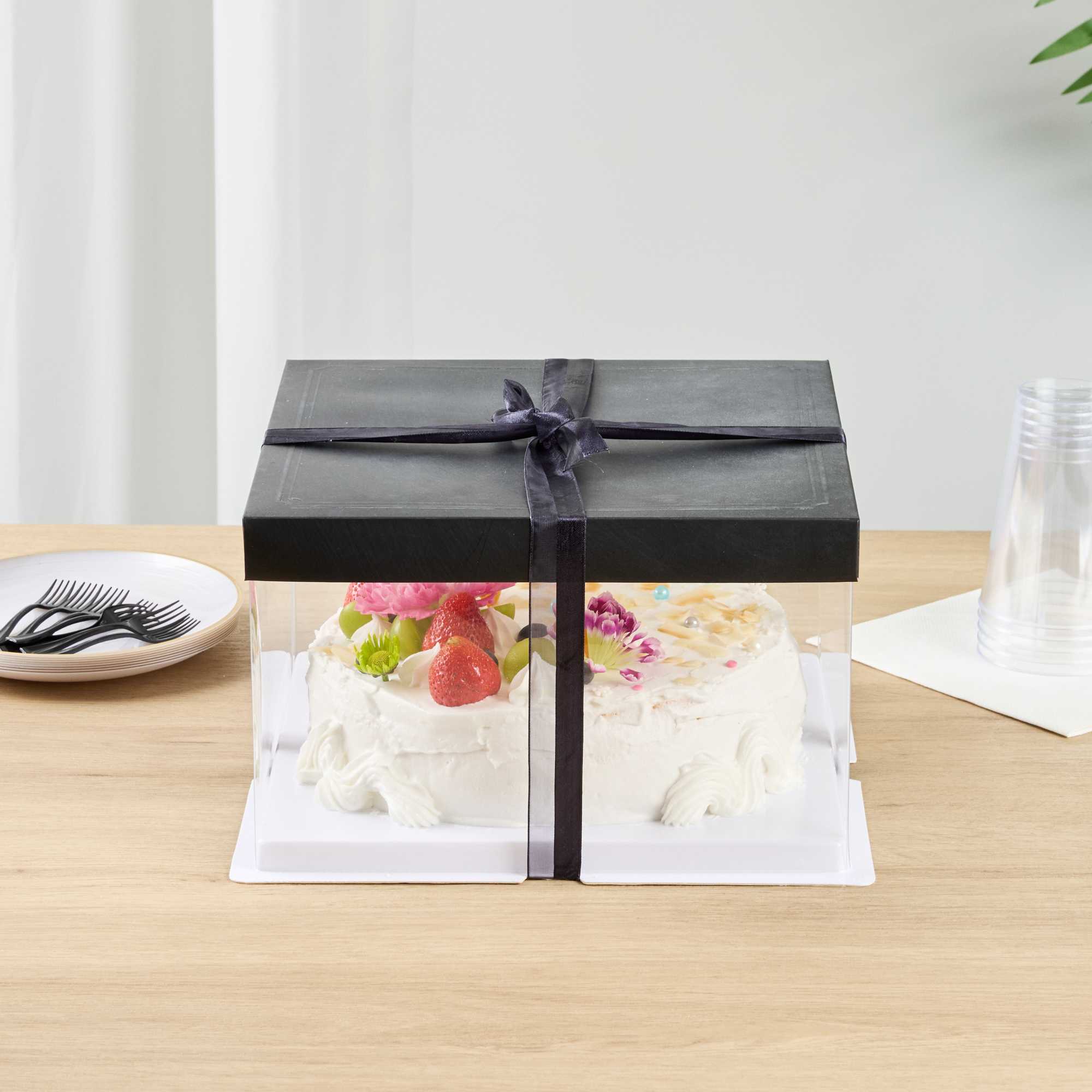 Sweet Vision Square Clear Plastic Cake Box - Black Lid and White Base, Black Ribbon - 10" x 10" x 8 1/4" - 10 count box