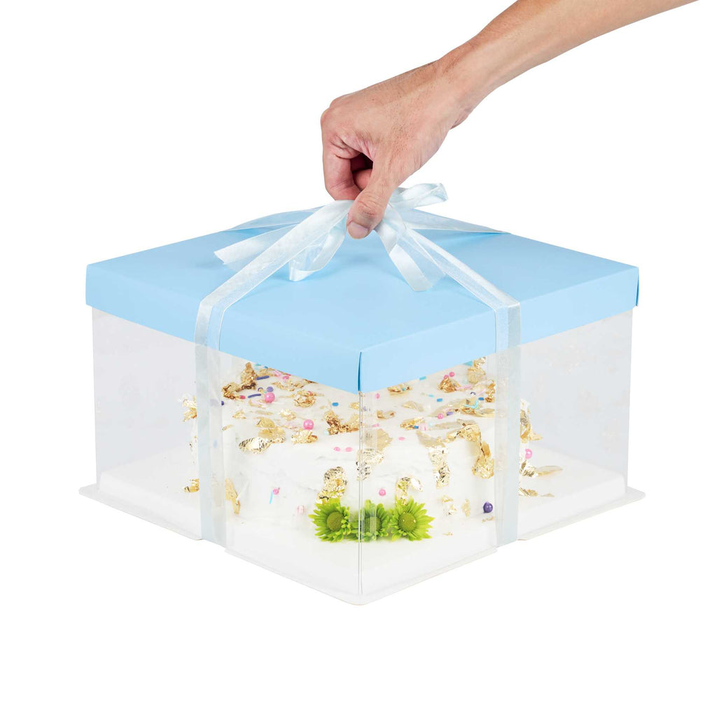 Sweet Vision Square Clear Plastic Cake Box - Blue Lid and White Base, Blue Ribbon - 10" x 10" x 8 1/4" - 10 count box