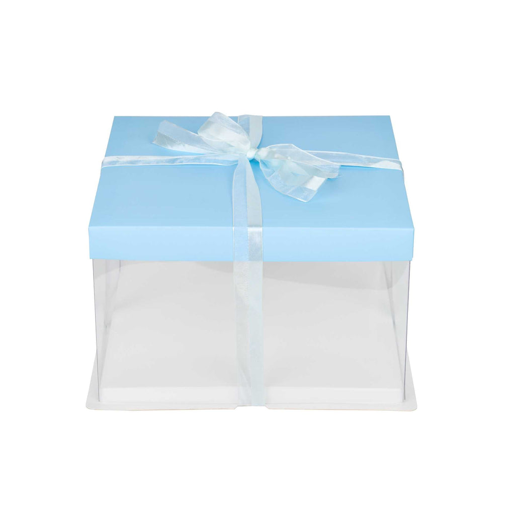 Sweet Vision Square Clear Plastic Cake Box - Blue Lid and White Base, Blue Ribbon - 10" x 10" x 8 1/4" - 10 count box