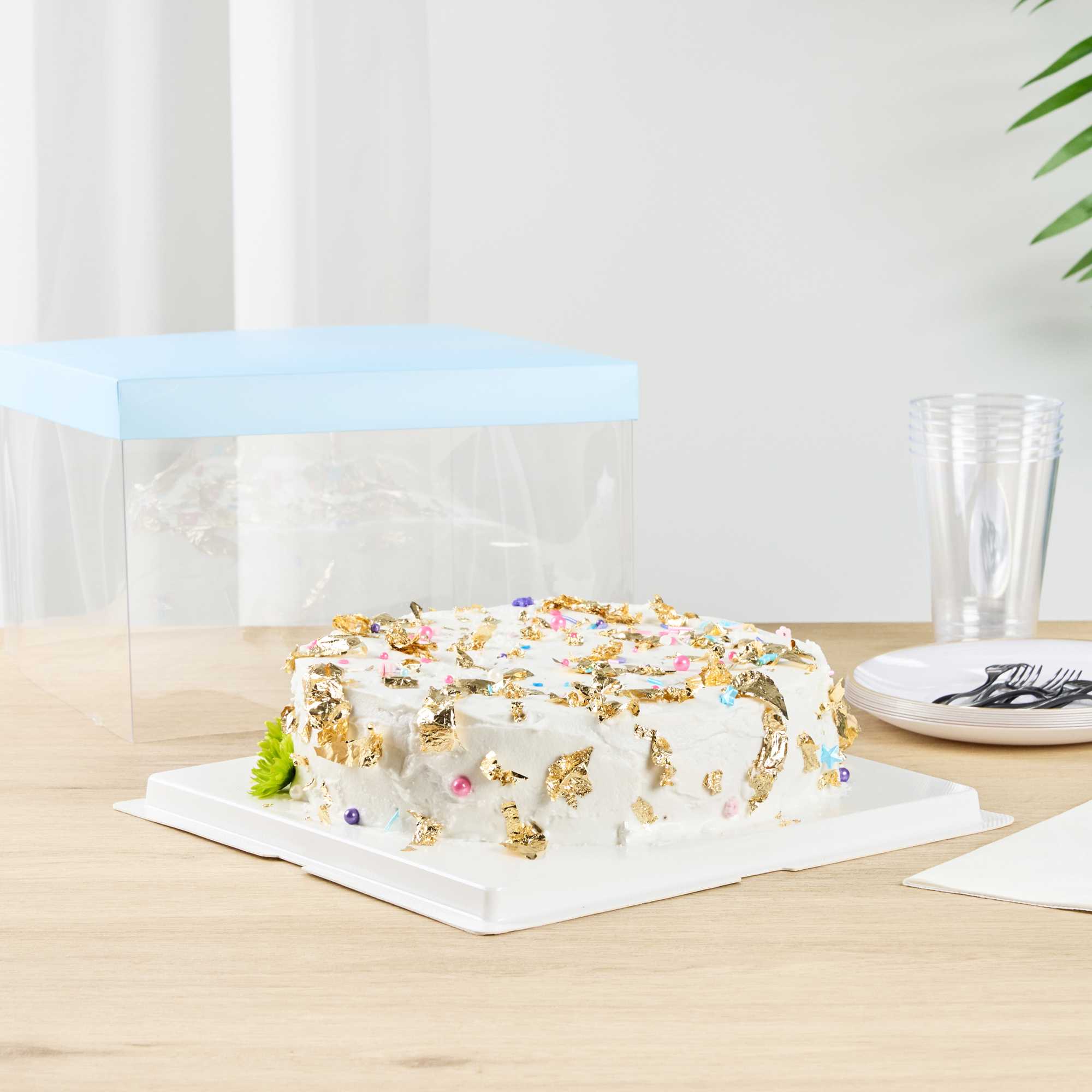 Sweet Vision Square Clear Plastic Cake Box - Blue Lid and White Base, Blue Ribbon - 10" x 10" x 8 1/4" - 10 count box