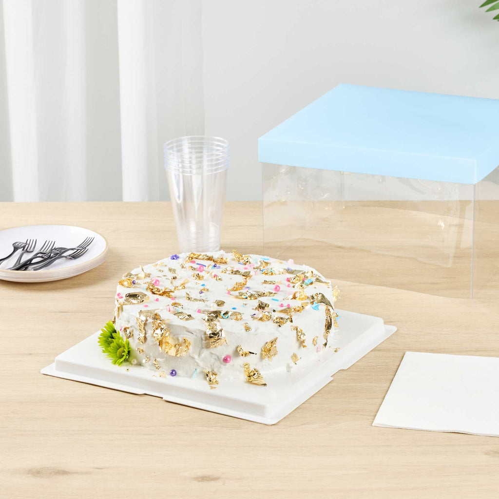 Sweet Vision Square Clear Plastic Cake Box - Blue Lid and White Base, Blue Ribbon - 10" x 10" x 8 1/4" - 10 count box