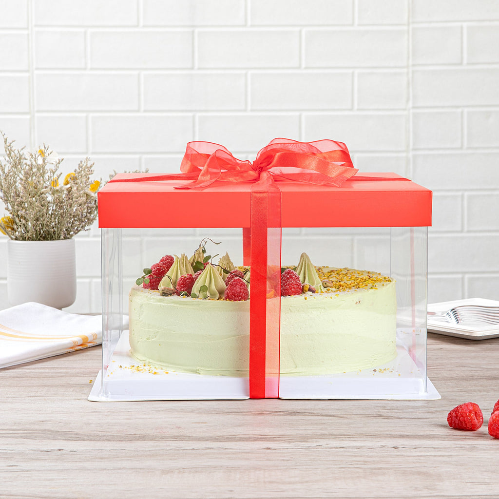 Sweet Vision Square Clear Plastic Cake Box - Red Lid and White Base, Red Ribbon - 10" x 10" x 8 1/4" - 10 count box
