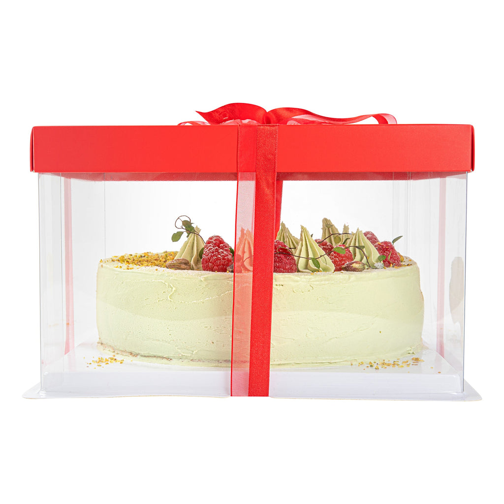 Sweet Vision Square Clear Plastic Cake Box - Red Lid and White Base, Red Ribbon - 10" x 10" x 8 1/4" - 10 count box