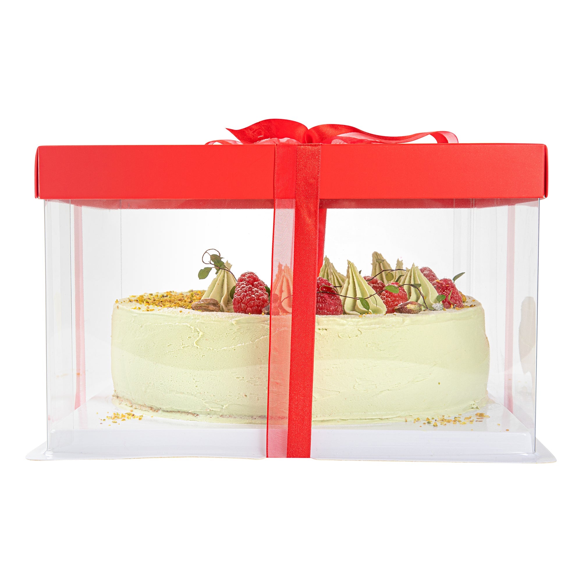 Sweet Vision Square Clear Plastic Cake Box - Red Lid and White Base, Red Ribbon - 10" x 10" x 8 1/4" - 10 count box