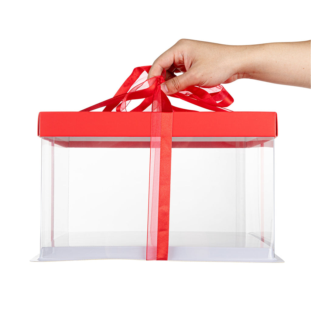 Sweet Vision Square Clear Plastic Cake Box - Red Lid and White Base, Red Ribbon - 10" x 10" x 8 1/4" - 10 count box