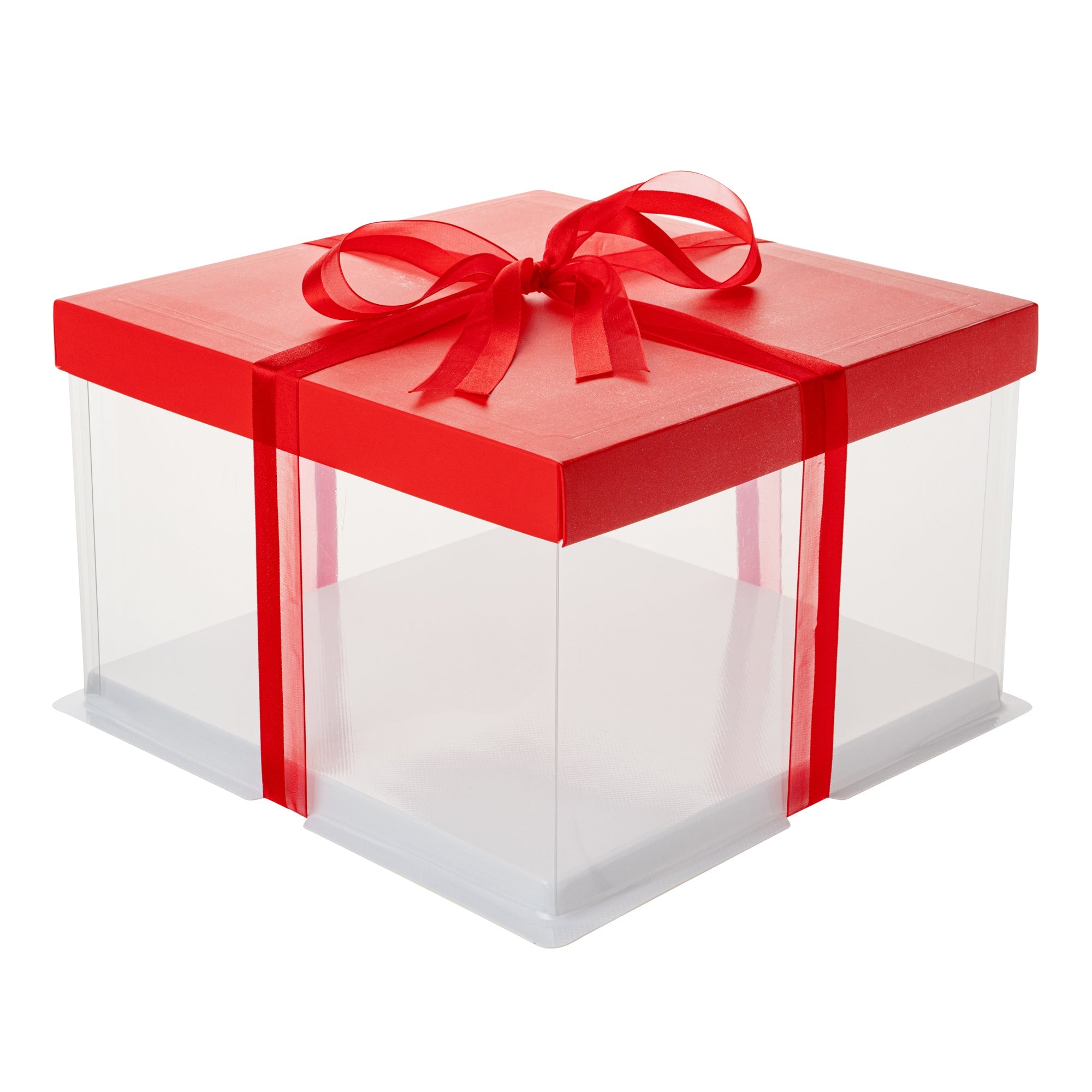 Sweet Vision Square Clear Plastic Cake Box - Red Lid and White Base, Red Ribbon - 10" x 10" x 8 1/4" - 10 count box