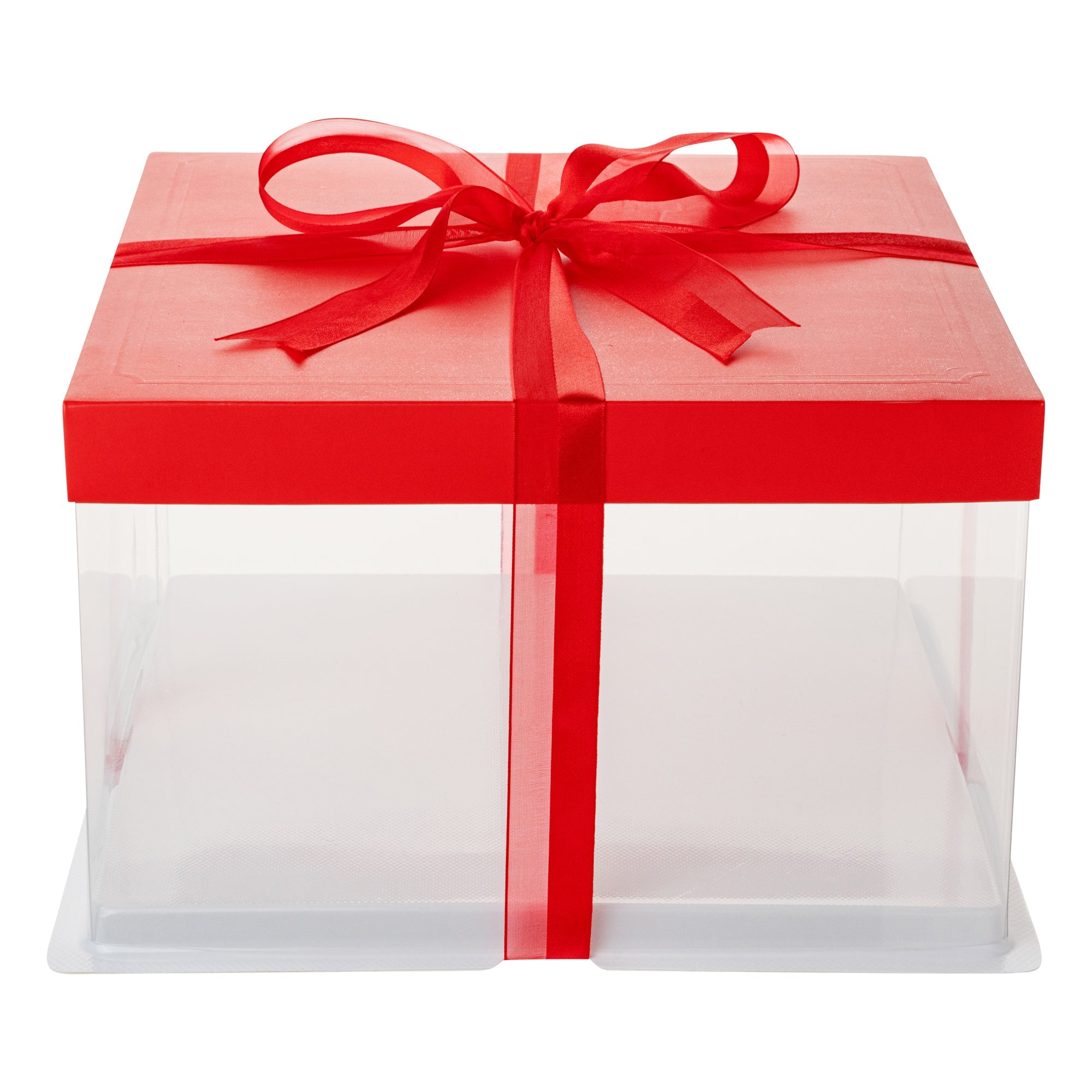 Sweet Vision Square Clear Plastic Cake Box - Red Lid and White Base, Red Ribbon - 10" x 10" x 8 1/4" - 10 count box
