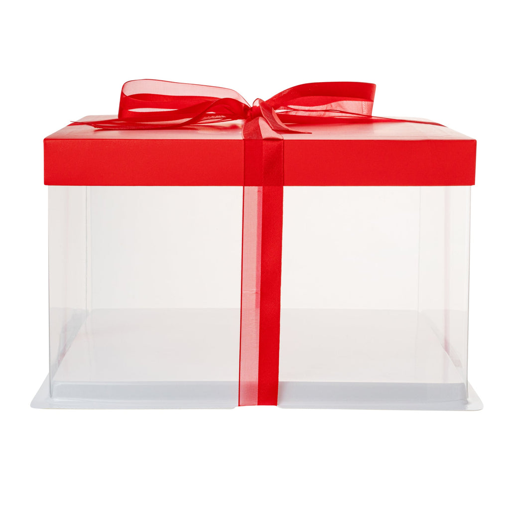 Sweet Vision Square Clear Plastic Cake Box - Red Lid and White Base, Red Ribbon - 10" x 10" x 8 1/4" - 10 count box