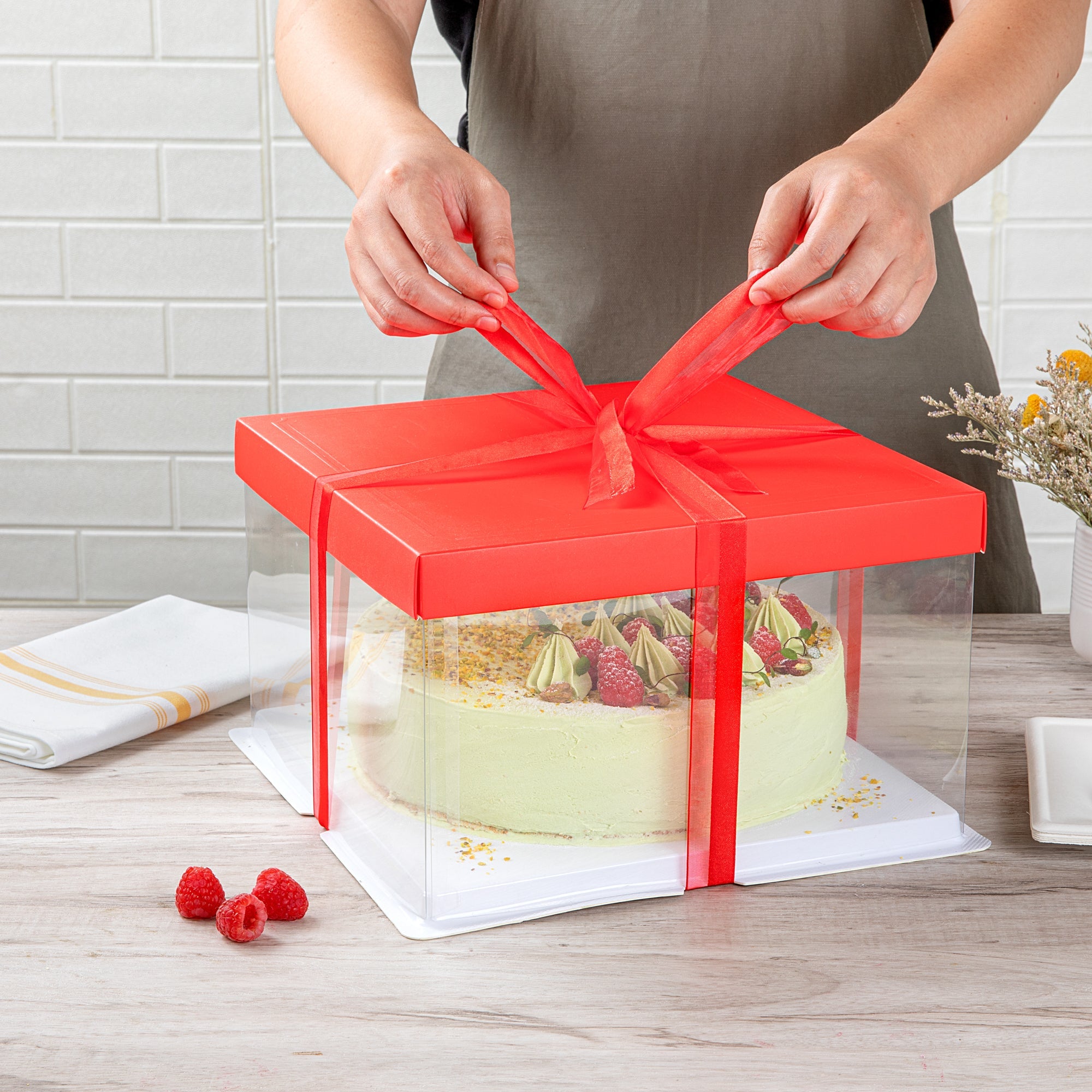 Sweet Vision Square Clear Plastic Cake Box - Red Lid and White Base, Red Ribbon - 10" x 10" x 8 1/4" - 10 count box