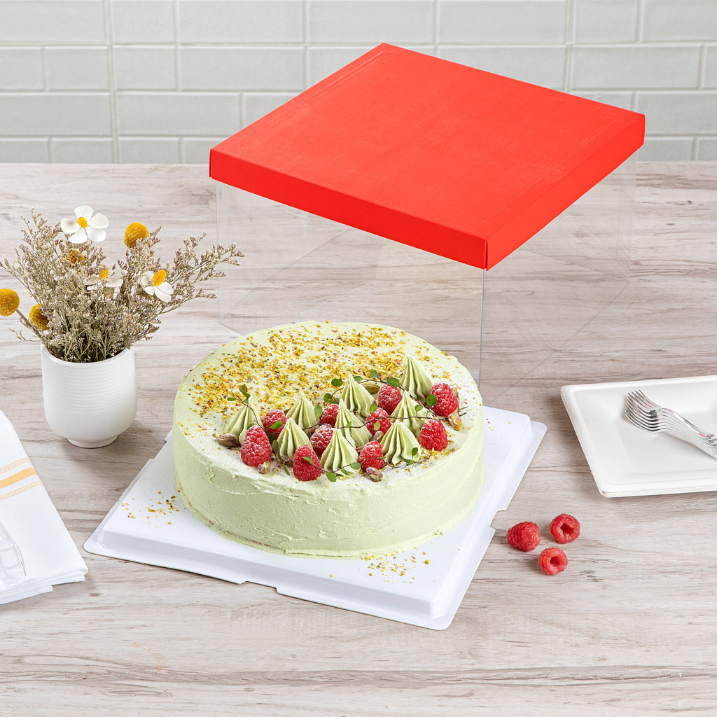 Sweet Vision Square Clear Plastic Cake Box - Red Lid and White Base, Red Ribbon - 10" x 10" x 8 1/4" - 10 count box