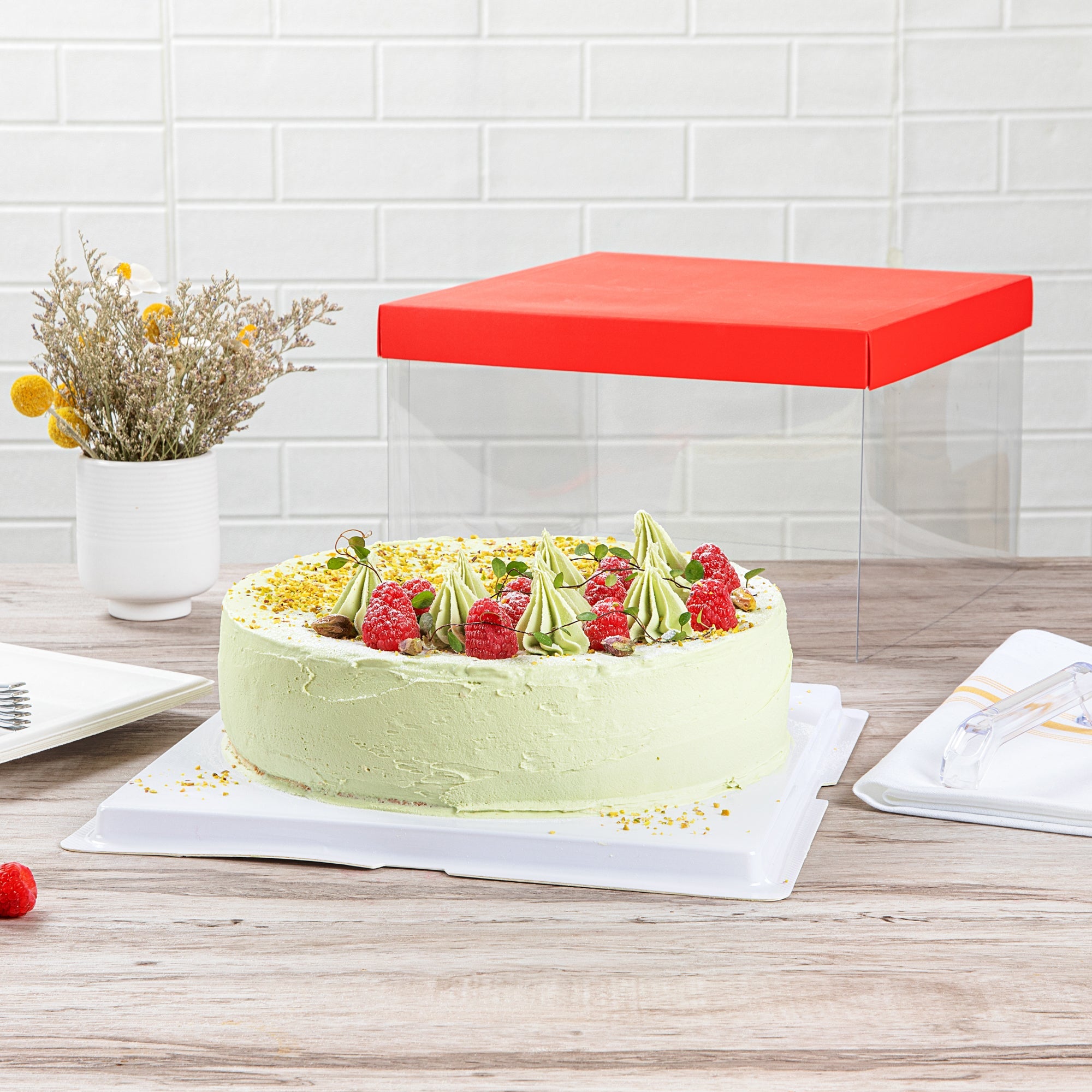Sweet Vision Square Clear Plastic Cake Box - Red Lid and White Base, Red Ribbon - 10" x 10" x 8 1/4" - 10 count box