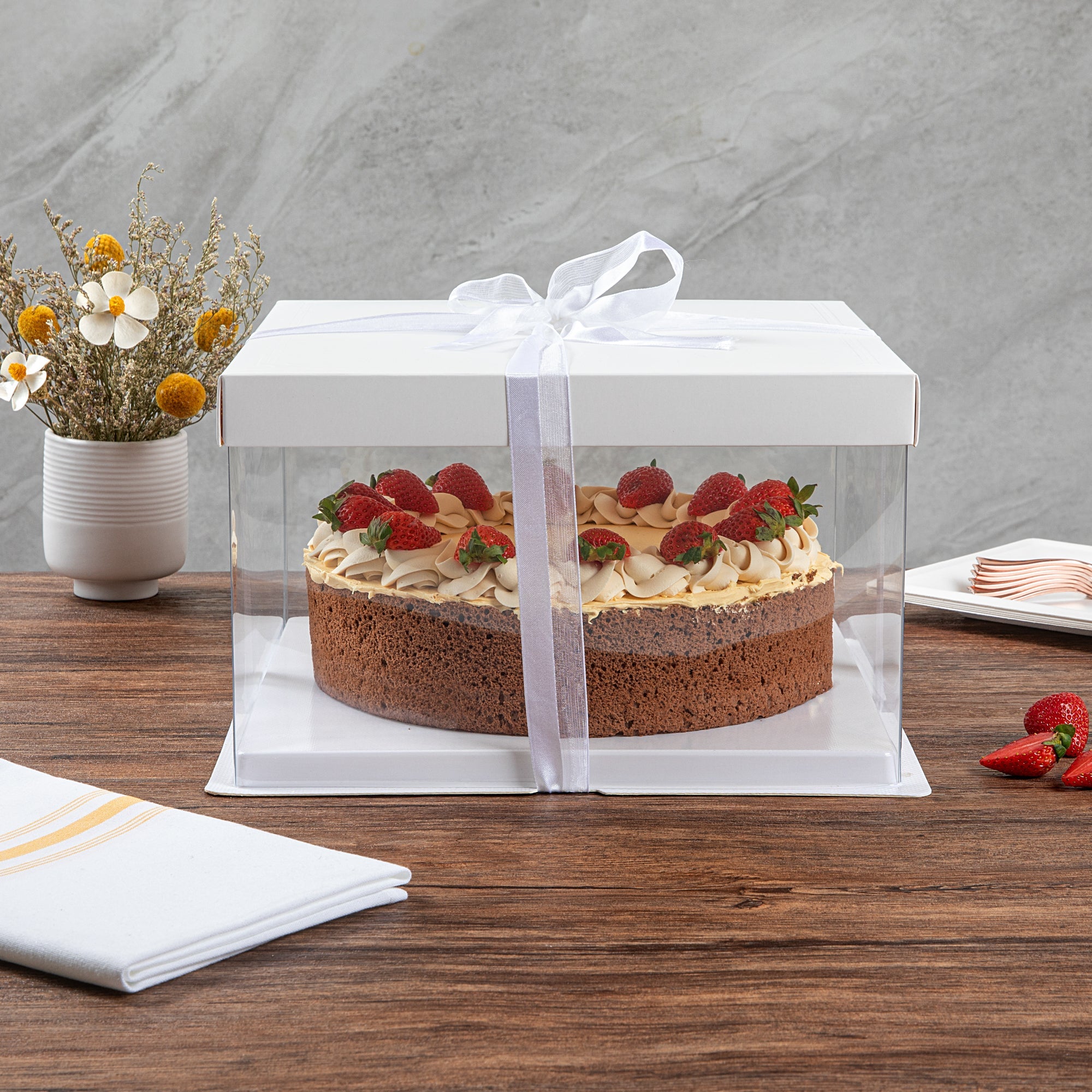 Sweet Vision Square Clear Plastic Cake Box - White Lid and White Base, Gray Ribbon - 10" x 10" x 8 1/4" - 10 count box