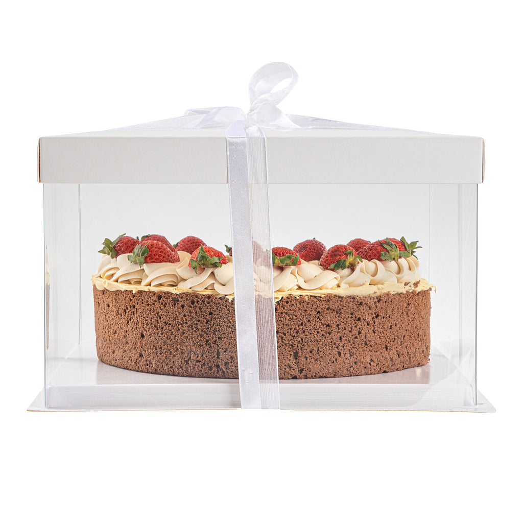 Sweet Vision Square Clear Plastic Cake Box - White Lid and White Base, Gray Ribbon - 10" x 10" x 8 1/4" - 10 count box