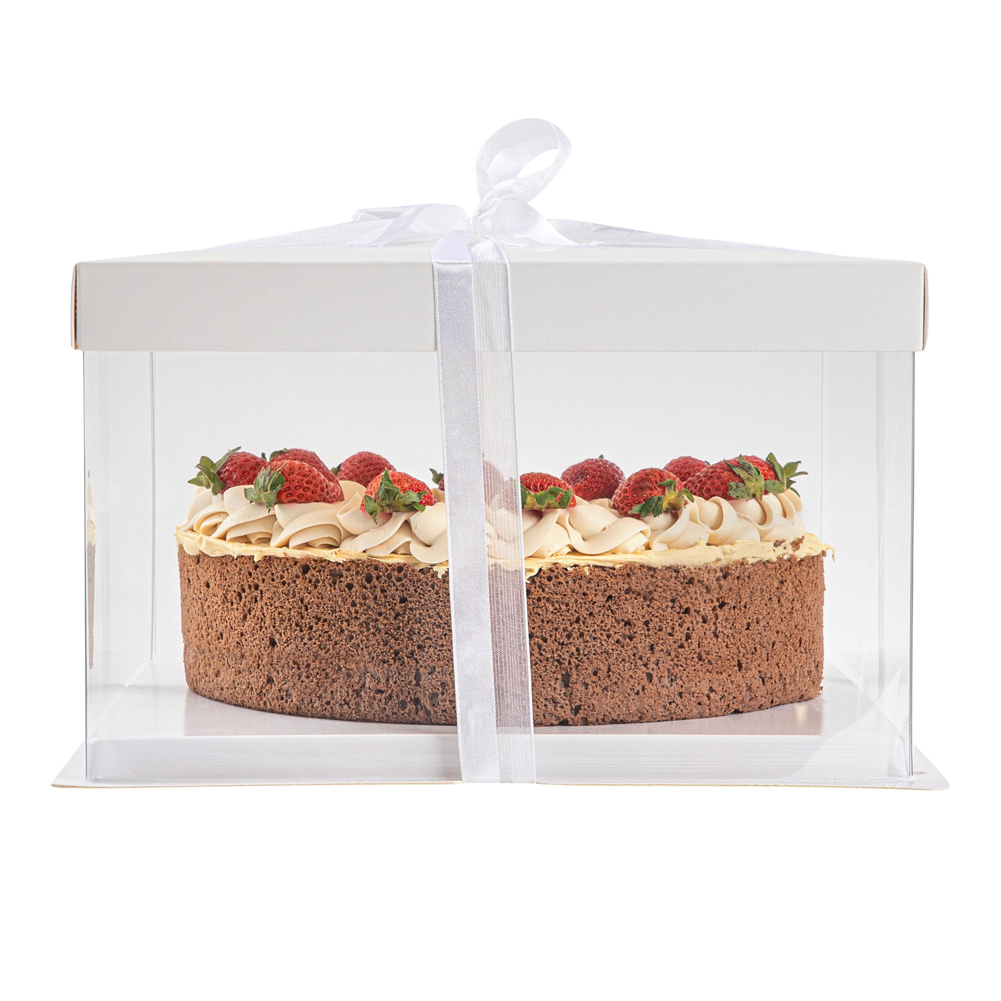 Sweet Vision Square Clear Plastic Cake Box - White Lid and White Base, Gray Ribbon - 10" x 10" x 8 1/4" - 10 count box