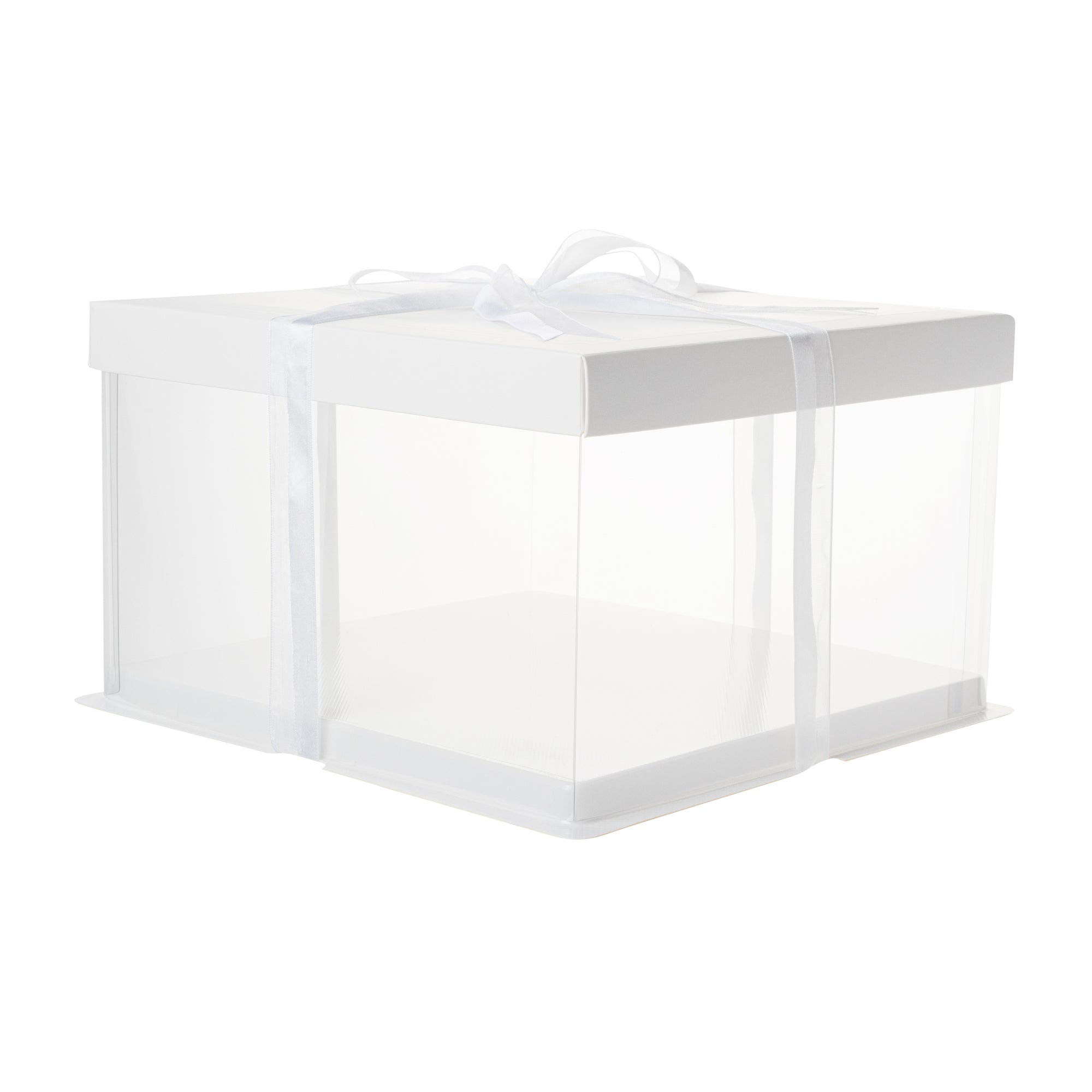 Sweet Vision Square Clear Plastic Cake Box - White Lid and White Base, Gray Ribbon - 10" x 10" x 8 1/4" - 10 count box