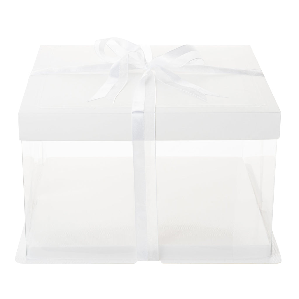 Sweet Vision Square Clear Plastic Cake Box - White Lid and White Base, Gray Ribbon - 10" x 10" x 8 1/4" - 10 count box