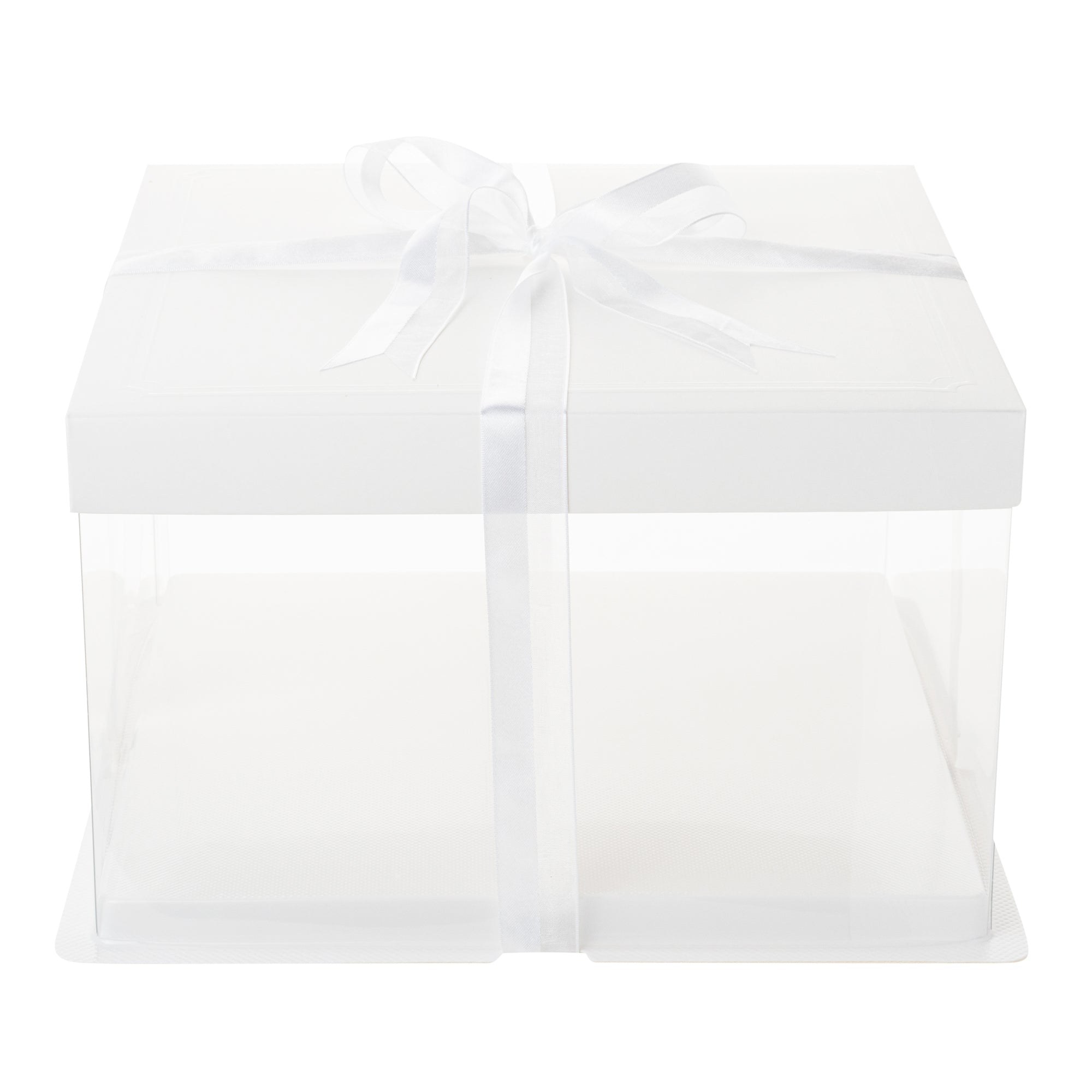 Sweet Vision Square Clear Plastic Cake Box - White Lid and White Base, Gray Ribbon - 10" x 10" x 8 1/4" - 10 count box