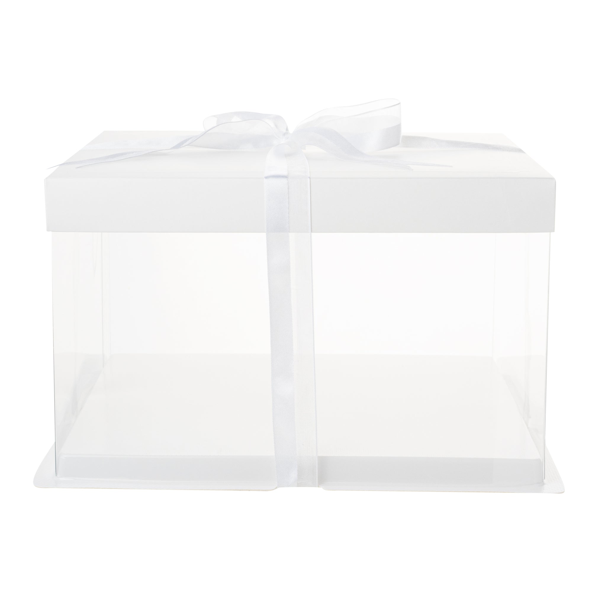 Sweet Vision Square Clear Plastic Cake Box - White Lid and White Base, Gray Ribbon - 10" x 10" x 8 1/4" - 10 count box