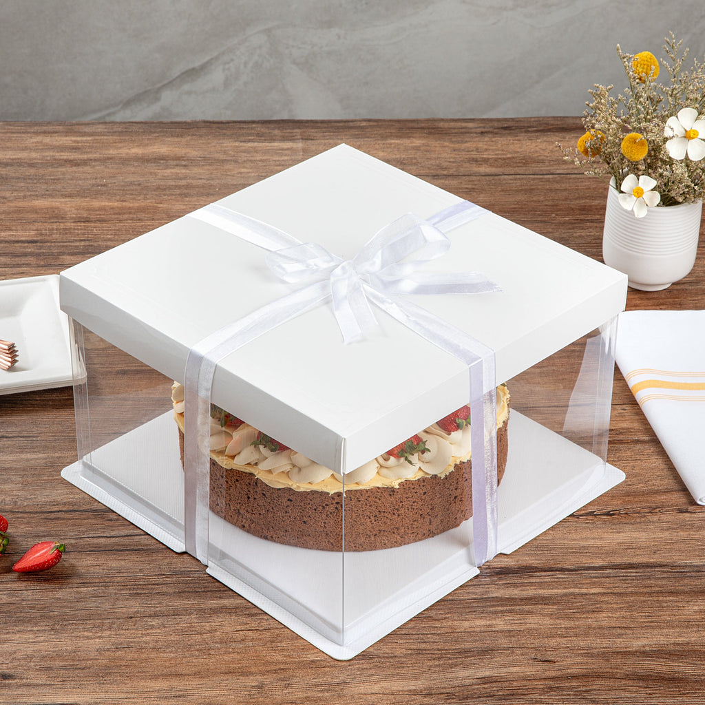 Sweet Vision Square Clear Plastic Cake Box - White Lid and White Base, Gray Ribbon - 10" x 10" x 8 1/4" - 10 count box