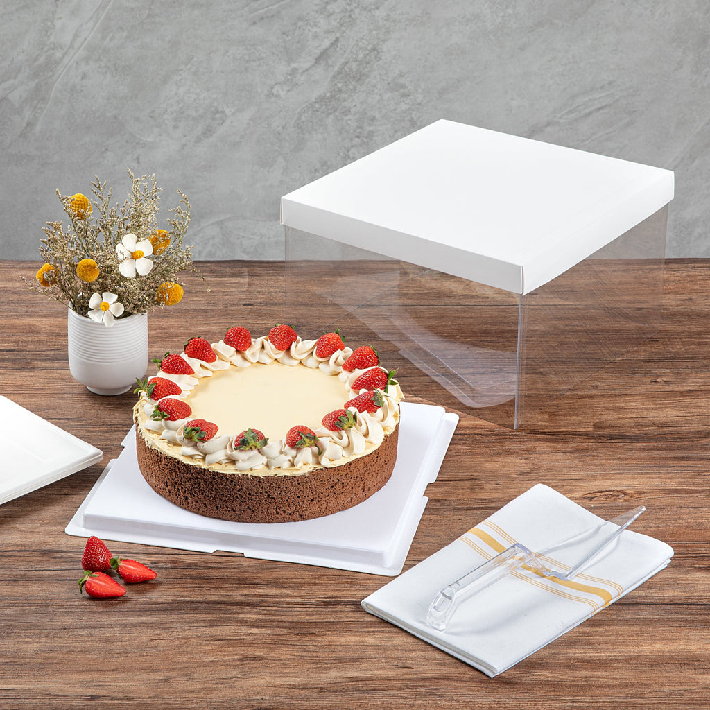 Sweet Vision Square Clear Plastic Cake Box - White Lid and White Base, Gray Ribbon - 10" x 10" x 8 1/4" - 10 count box
