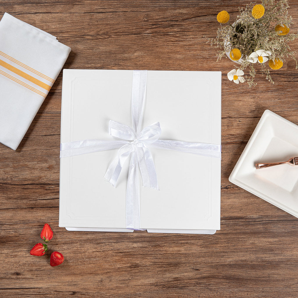 Sweet Vision Square Clear Plastic Cake Box - White Lid and White Base, Gray Ribbon - 10" x 10" x 8 1/4" - 10 count box