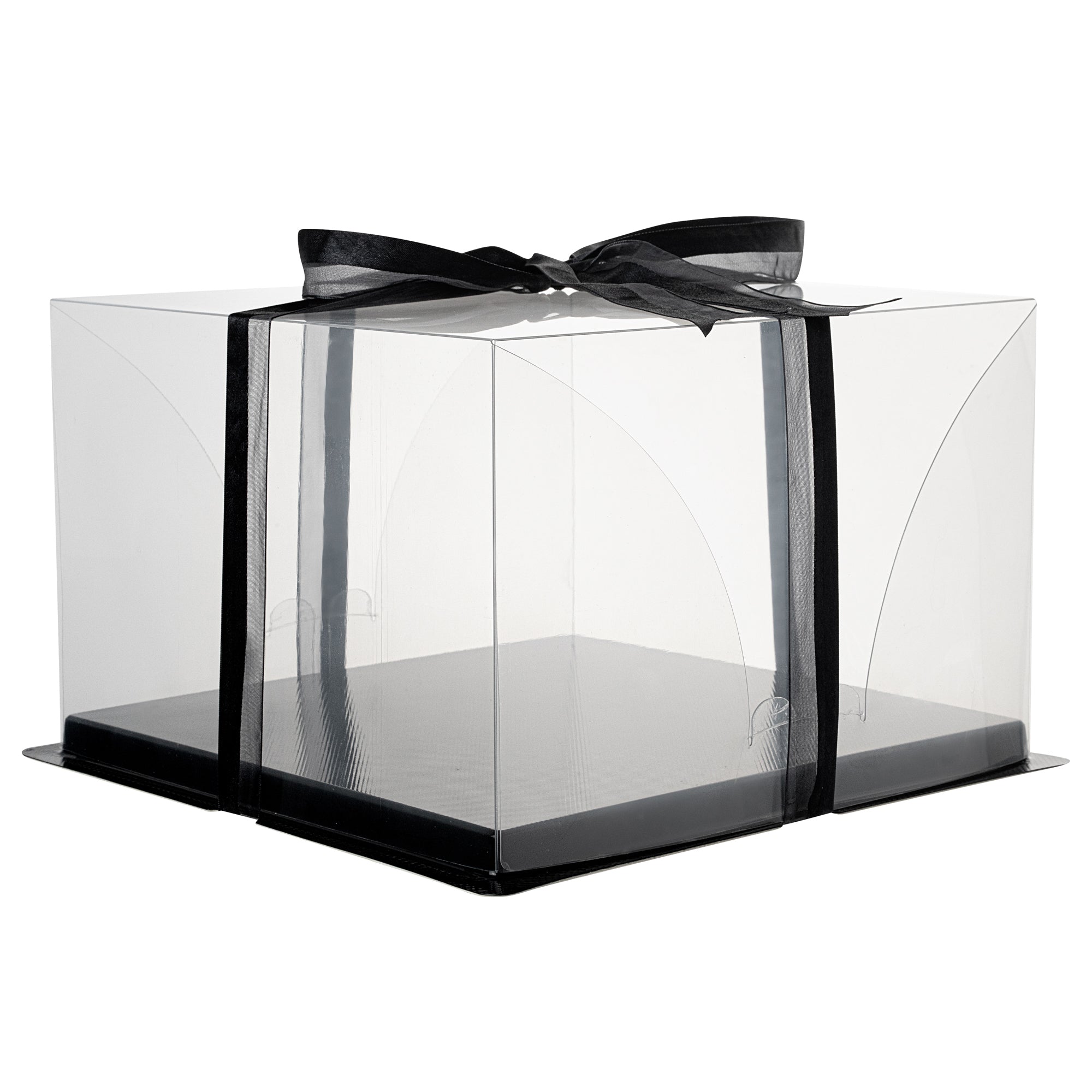 Sweet Vision Square Clear Plastic Cake Box - Black Base, Black Ribbon - 10" x 10" x 6 3/4" - 10 count box
