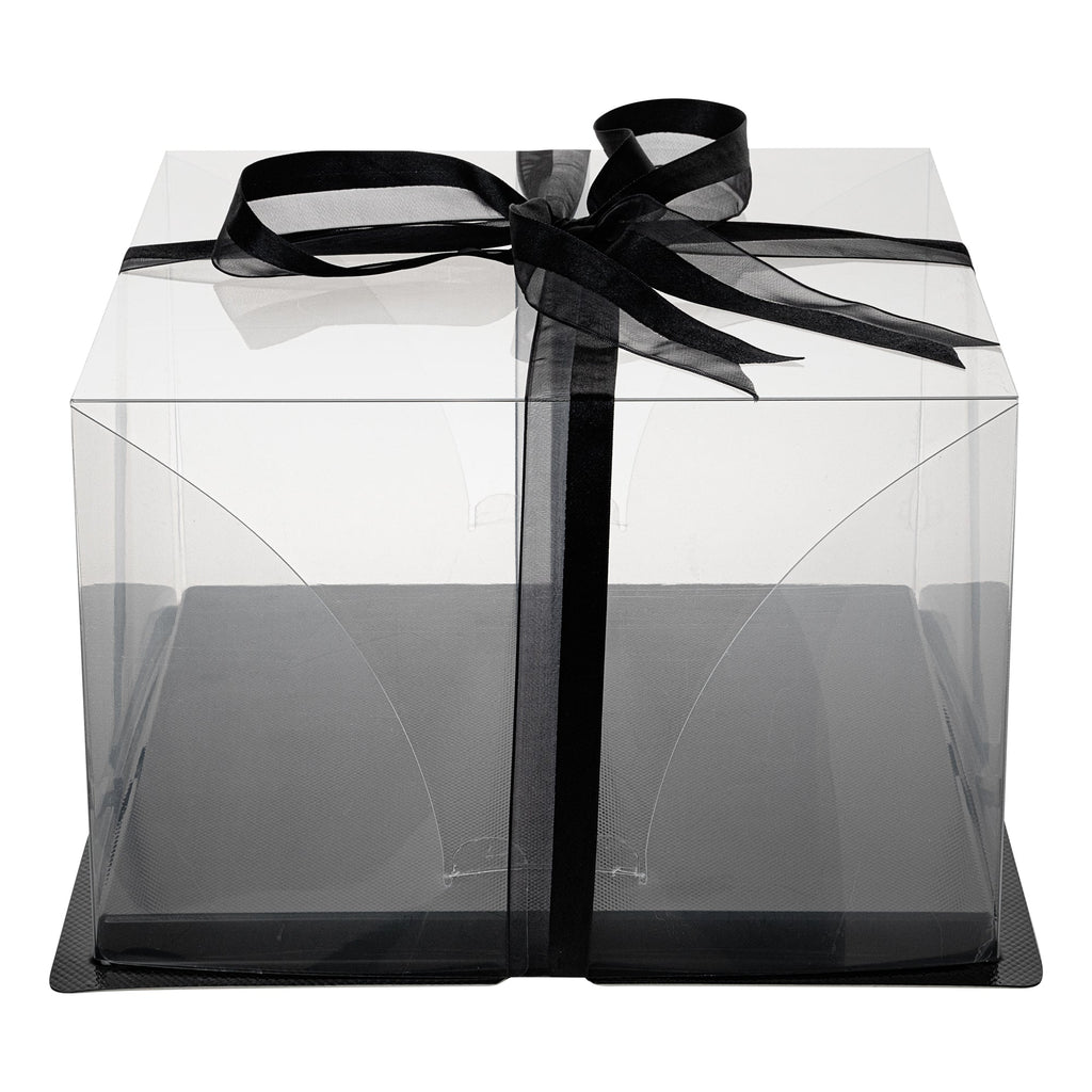 Sweet Vision Square Clear Plastic Cake Box - Black Base, Black Ribbon - 10" x 10" x 6 3/4" - 10 count box