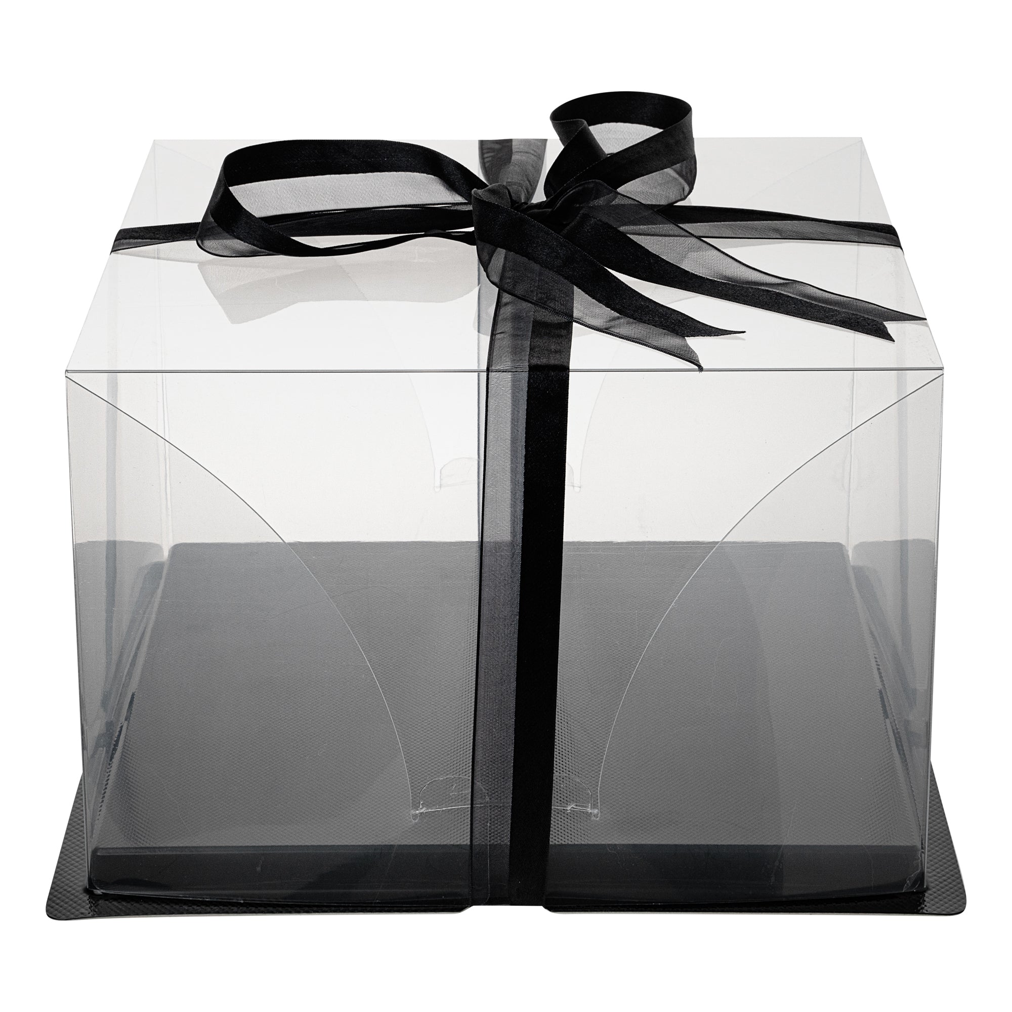 Sweet Vision Square Clear Plastic Cake Box - Black Base, Black Ribbon - 10" x 10" x 6 3/4" - 10 count box