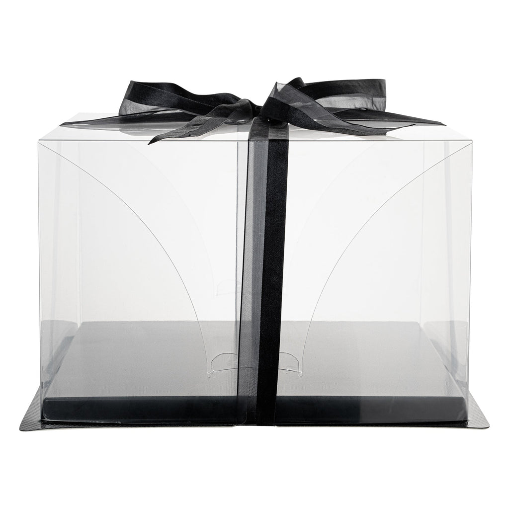 Sweet Vision Square Clear Plastic Cake Box - Black Base, Black Ribbon - 10" x 10" x 6 3/4" - 10 count box
