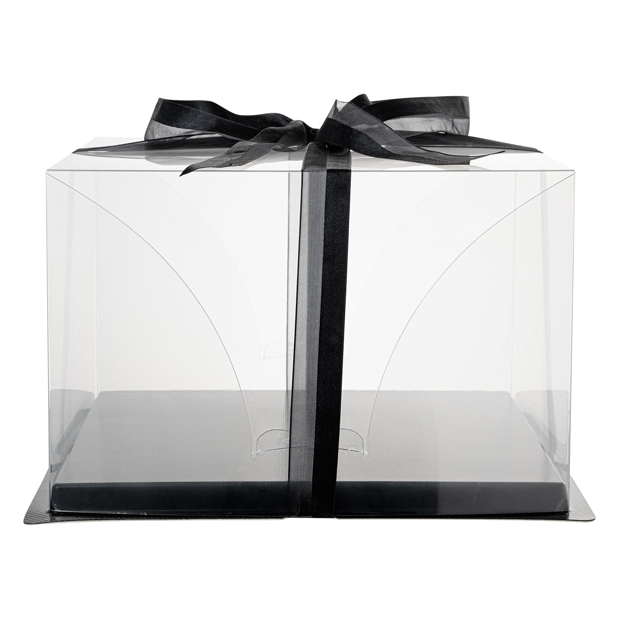 Sweet Vision Square Clear Plastic Cake Box - Black Base, Black Ribbon - 10" x 10" x 6 3/4" - 10 count box