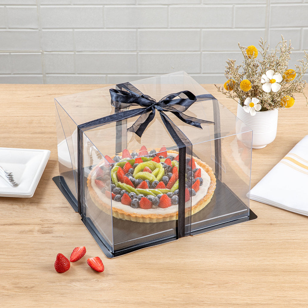 Sweet Vision Square Clear Plastic Cake Box - Black Base, Black Ribbon - 10" x 10" x 6 3/4" - 10 count box