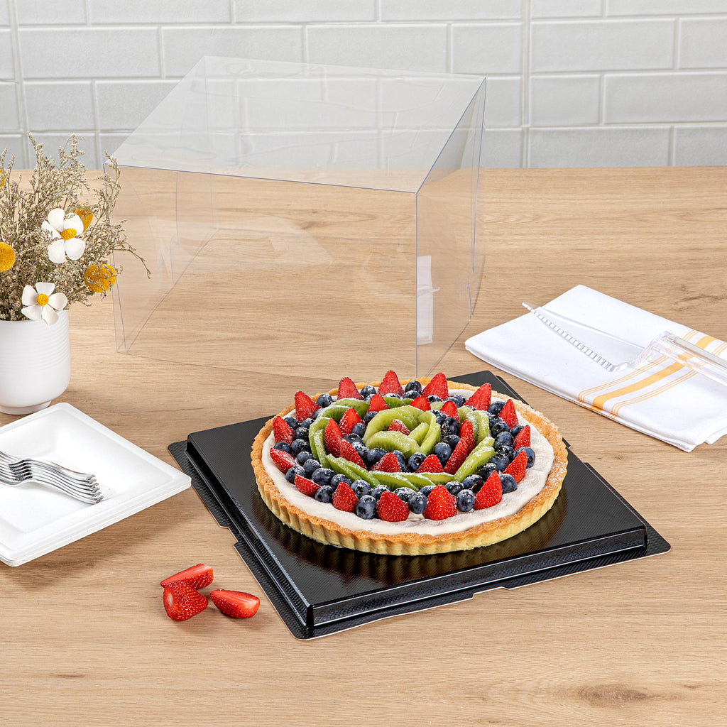 Sweet Vision Square Clear Plastic Cake Box - Black Base, Black Ribbon - 10" x 10" x 6 3/4" - 10 count box