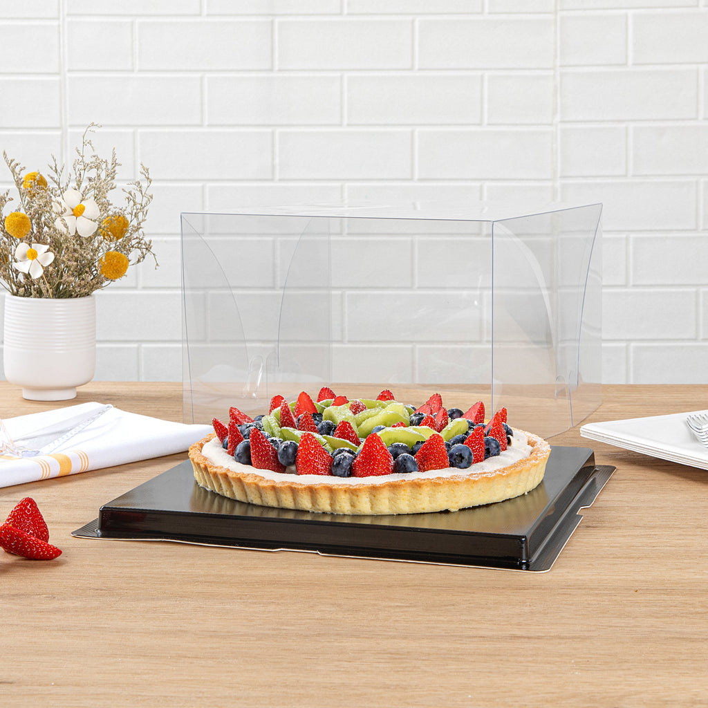 Sweet Vision Square Clear Plastic Cake Box - Black Base, Black Ribbon - 10" x 10" x 6 3/4" - 10 count box