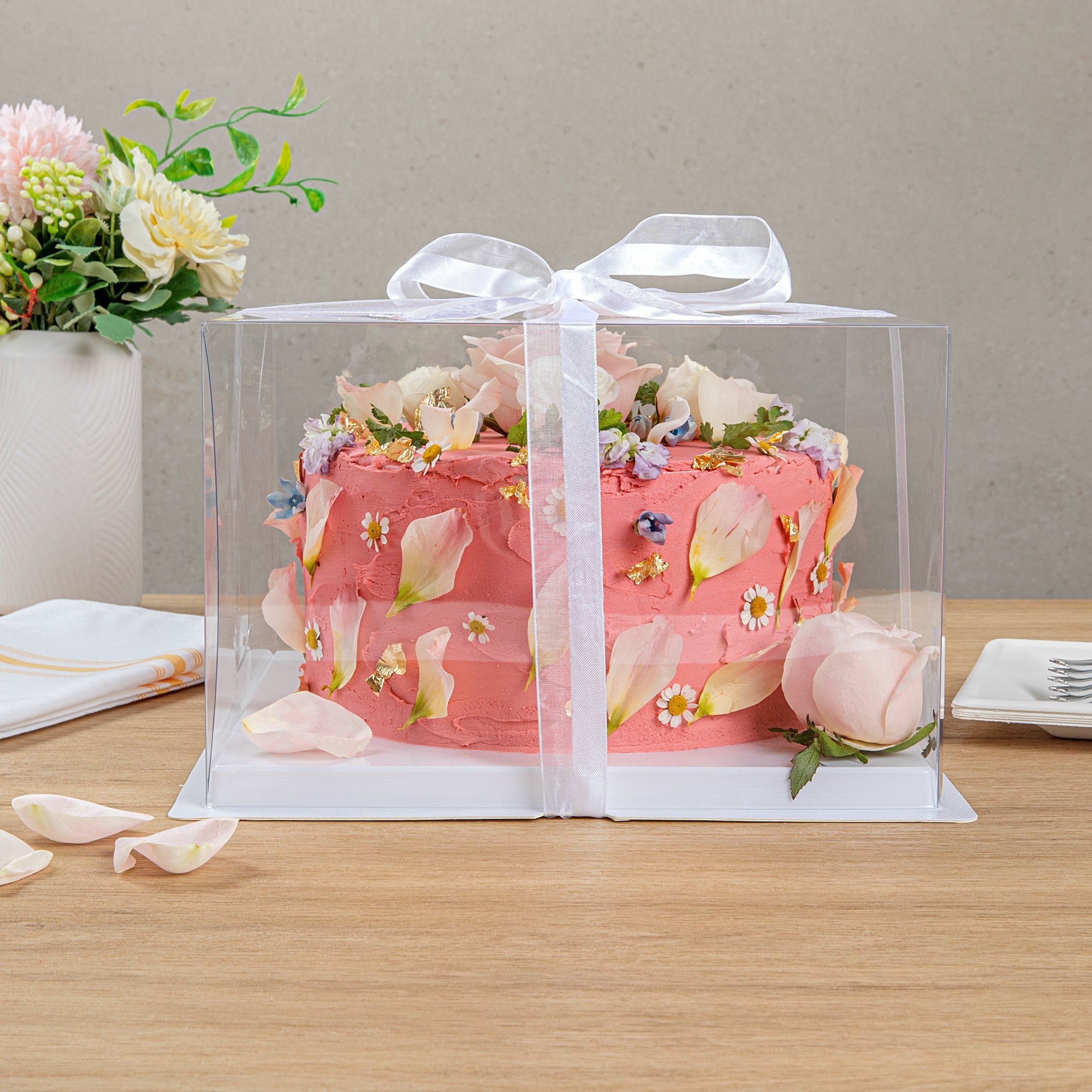 Sweet Vision Square Clear Plastic Cake Box - White Base, Gray Ribbon - 10" x 10" x 6 3/4" - 10 count box