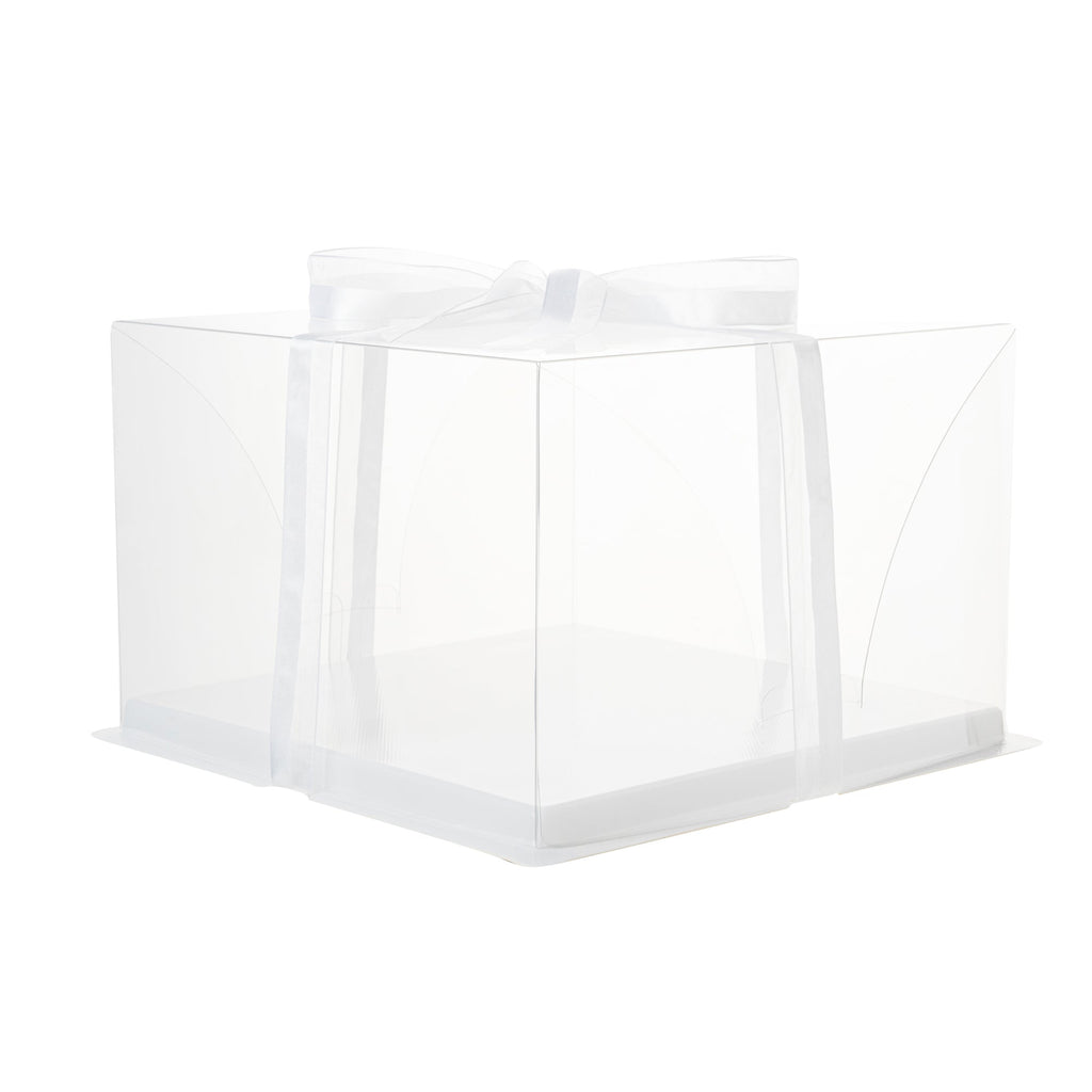 Sweet Vision Square Clear Plastic Cake Box - White Base, Gray Ribbon - 10" x 10" x 6 3/4" - 10 count box
