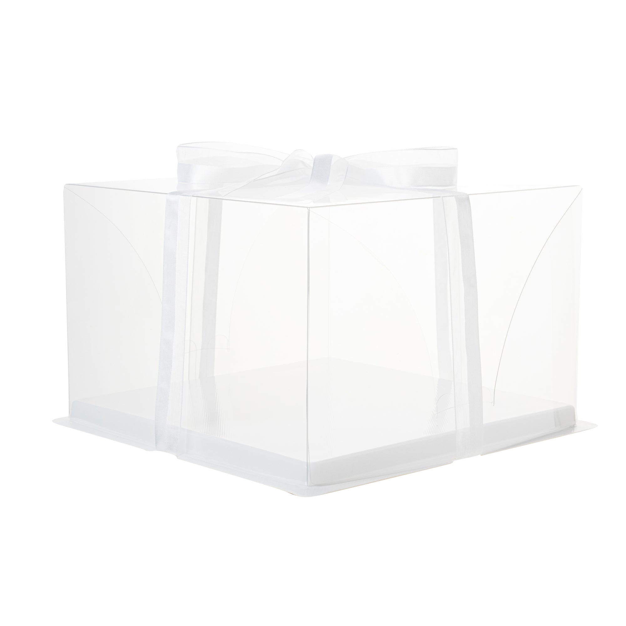 Sweet Vision Square Clear Plastic Cake Box - White Base, Gray Ribbon - 10" x 10" x 6 3/4" - 10 count box