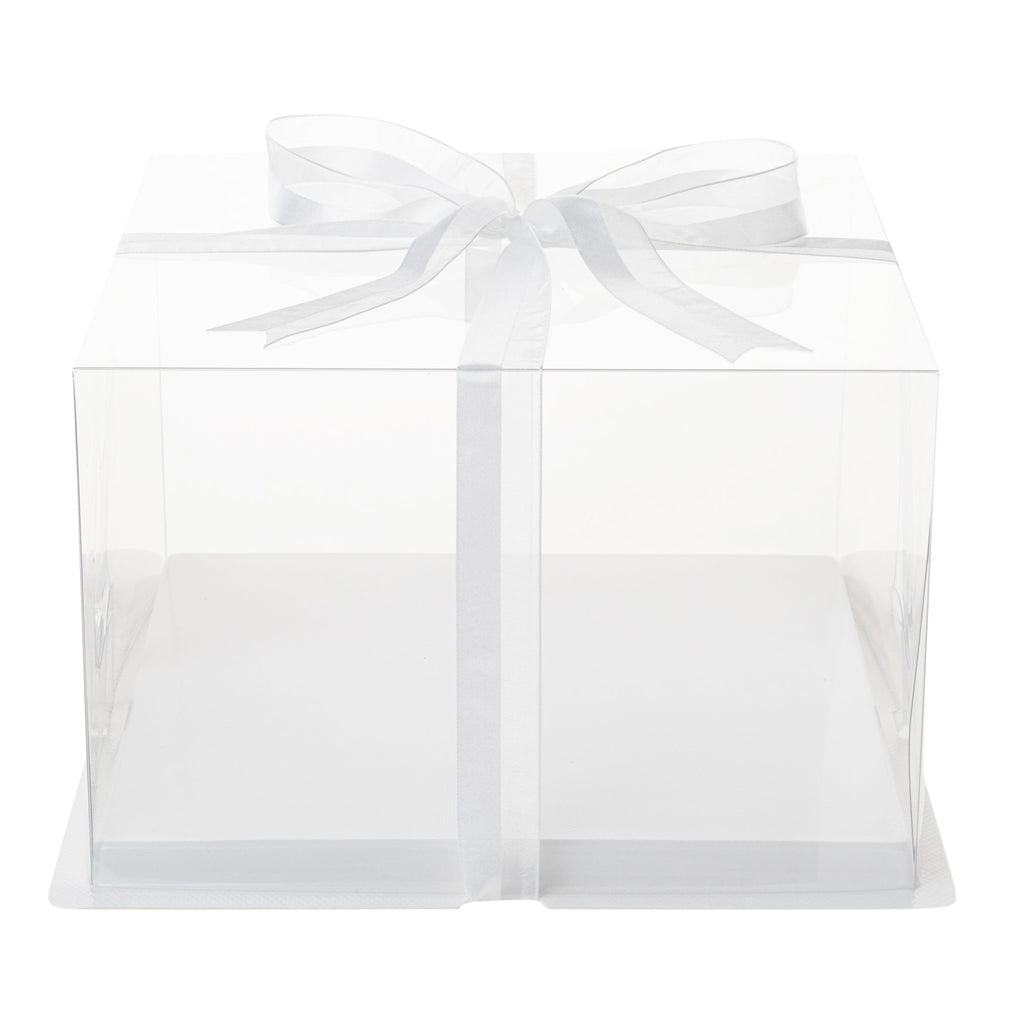 Sweet Vision Square Clear Plastic Cake Box - White Base, Gray Ribbon - 10" x 10" x 6 3/4" - 10 count box