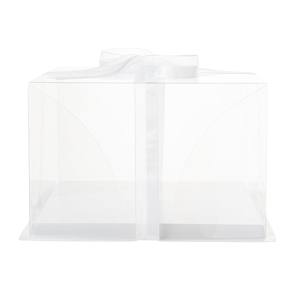 Sweet Vision Square Clear Plastic Cake Box - White Base, Gray Ribbon - 10" x 10" x 6 3/4" - 10 count box