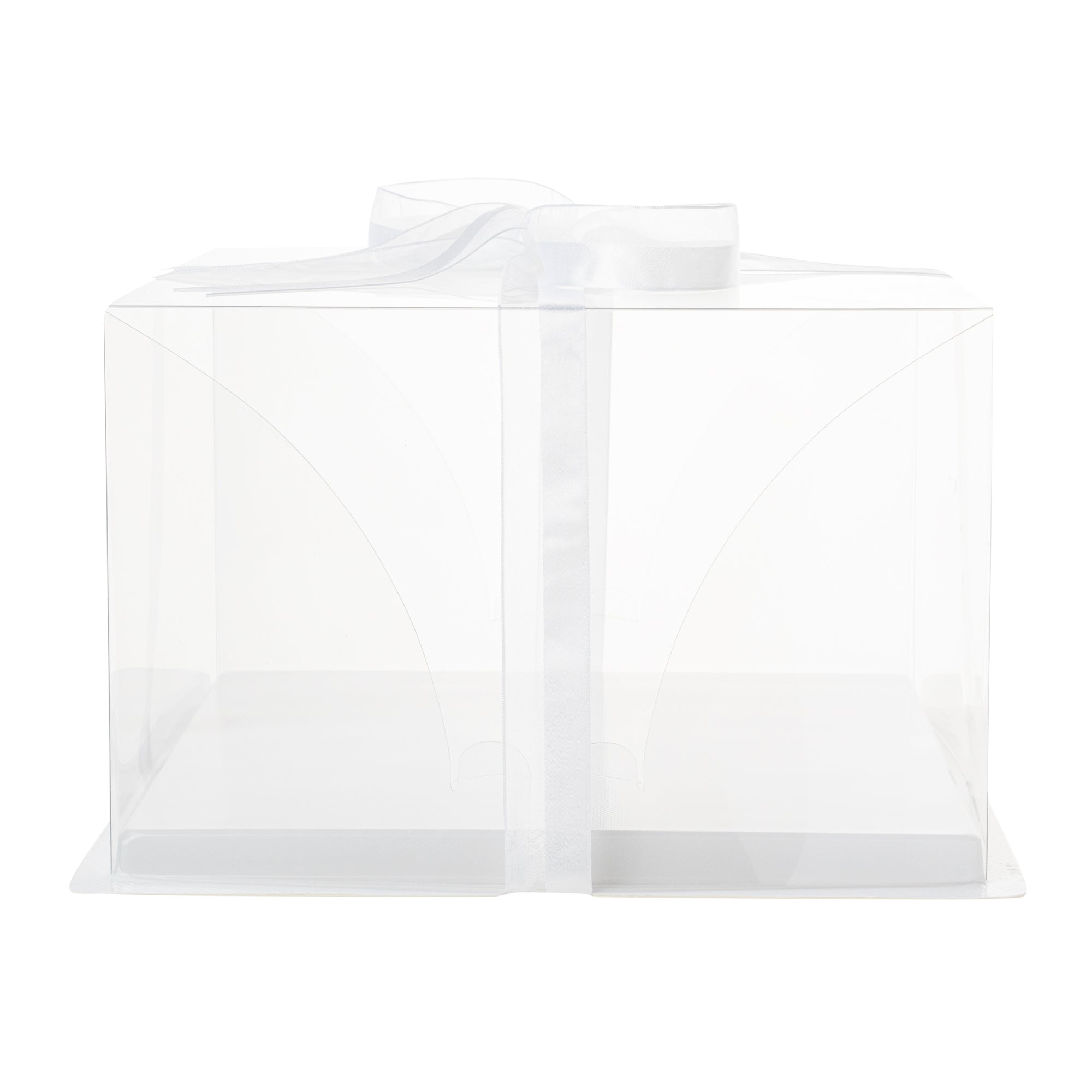Sweet Vision Square Clear Plastic Cake Box - White Base, Gray Ribbon - 10" x 10" x 6 3/4" - 10 count box