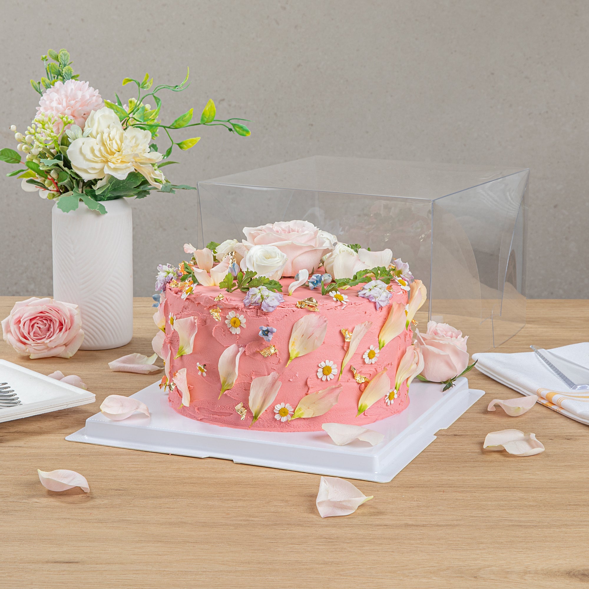 Sweet Vision Square Clear Plastic Cake Box - White Base, Gray Ribbon - 10" x 10" x 6 3/4" - 10 count box