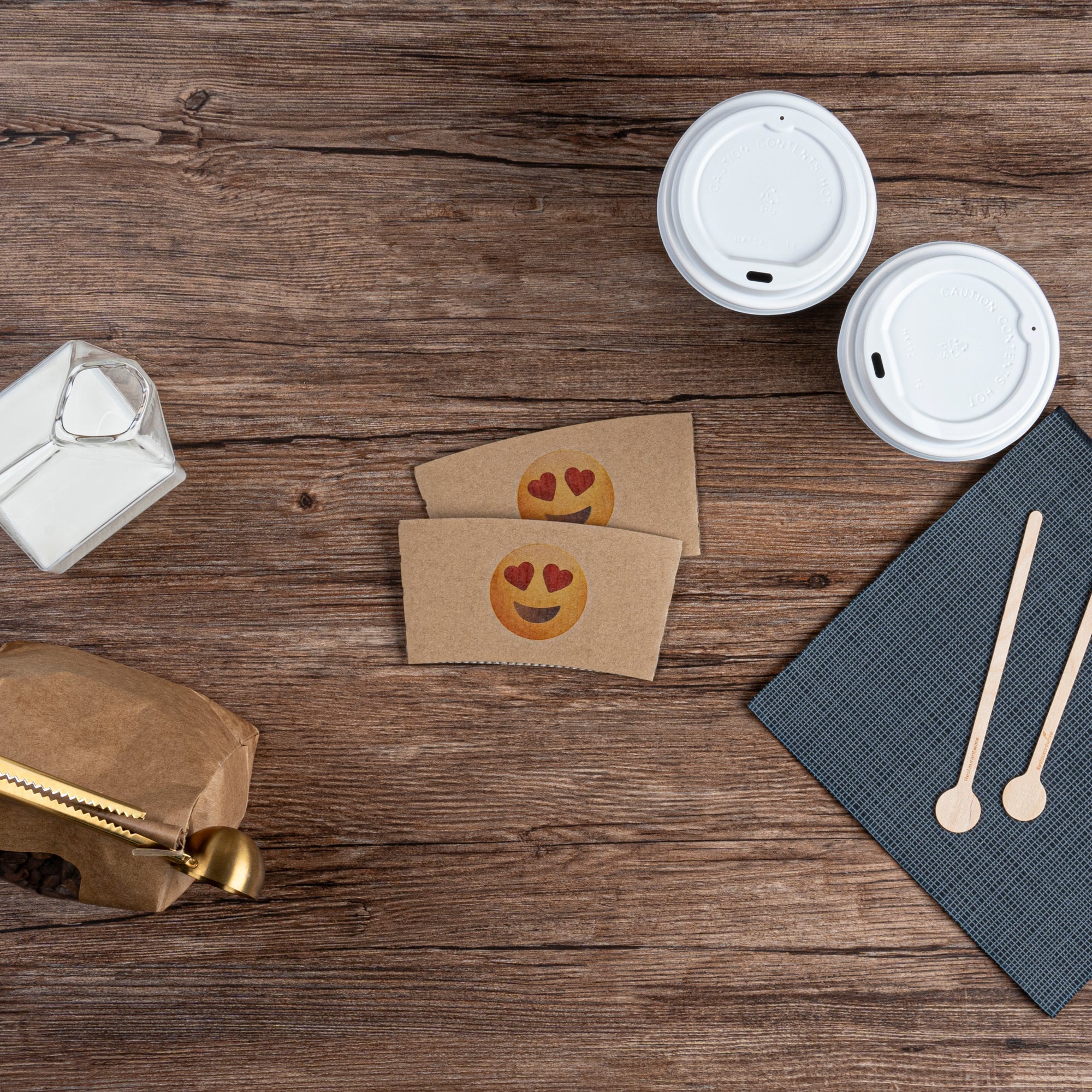 Restpresso Kraft Paper Heart Eyes Emoji Coffee Cup Sleeve - Fits 12 / 16 / 20 oz Cups - 1000 count box